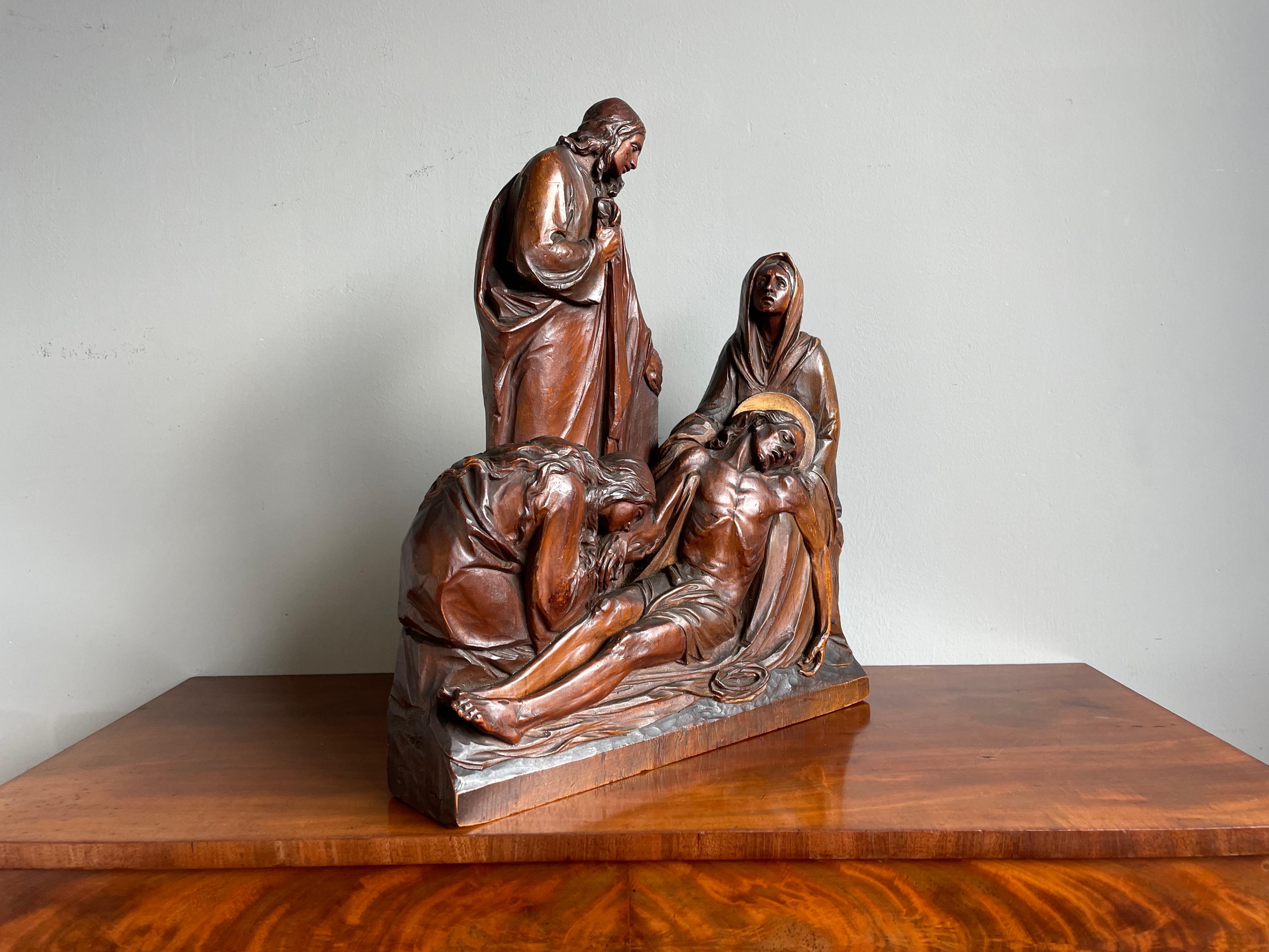 Wood Exceptional Antique Hand Carved Church Sculpture of the Pieta with Christ & Mary For Sale