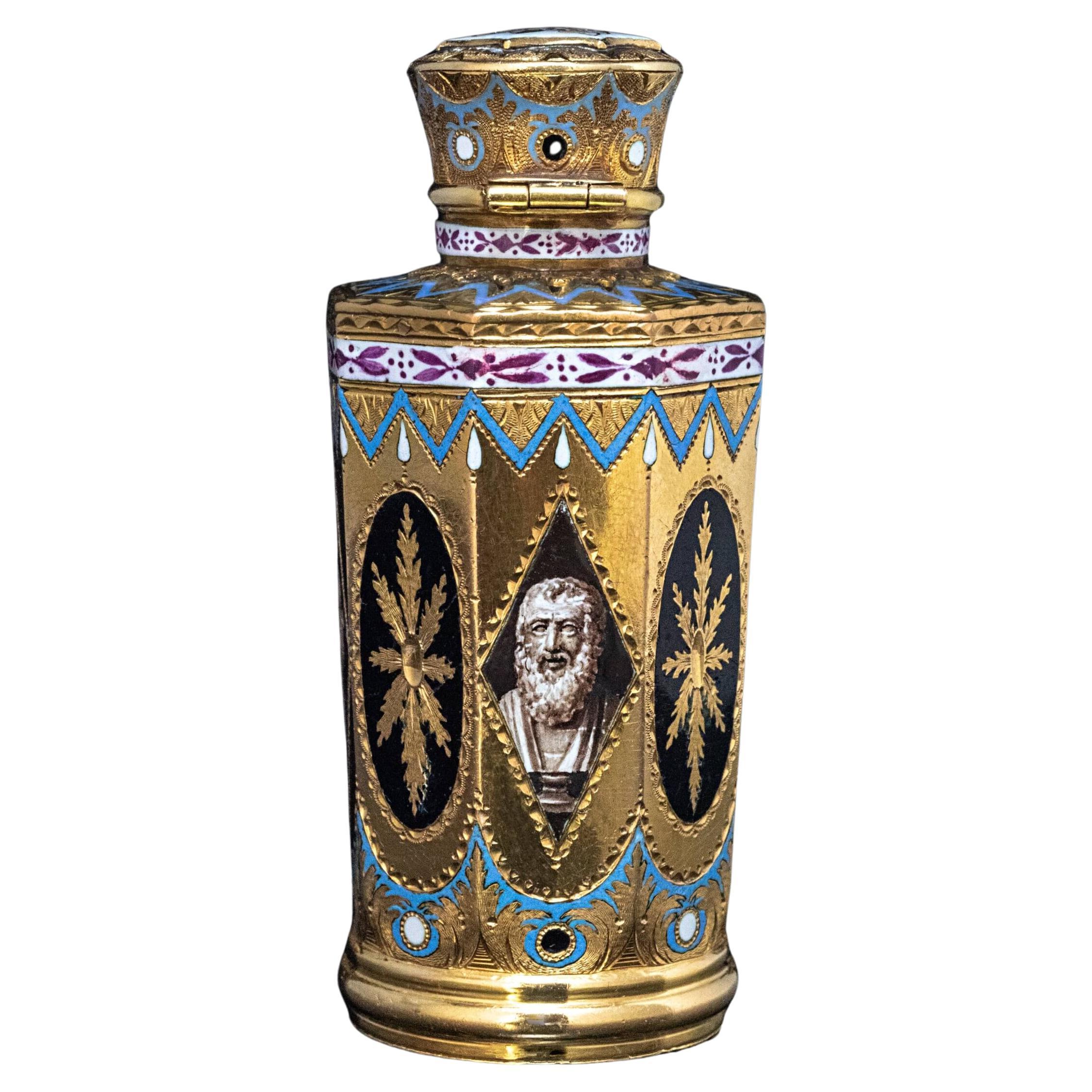 Exceptionnelle flacon de parfum ancien Louis XVI en or émaillé en vente