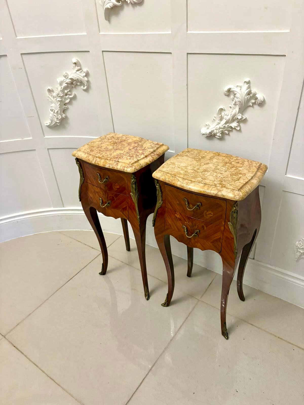 XX secolo Eccezionale coppia di comodini in stile Luigi XV in legno di Re e marmo in vendita