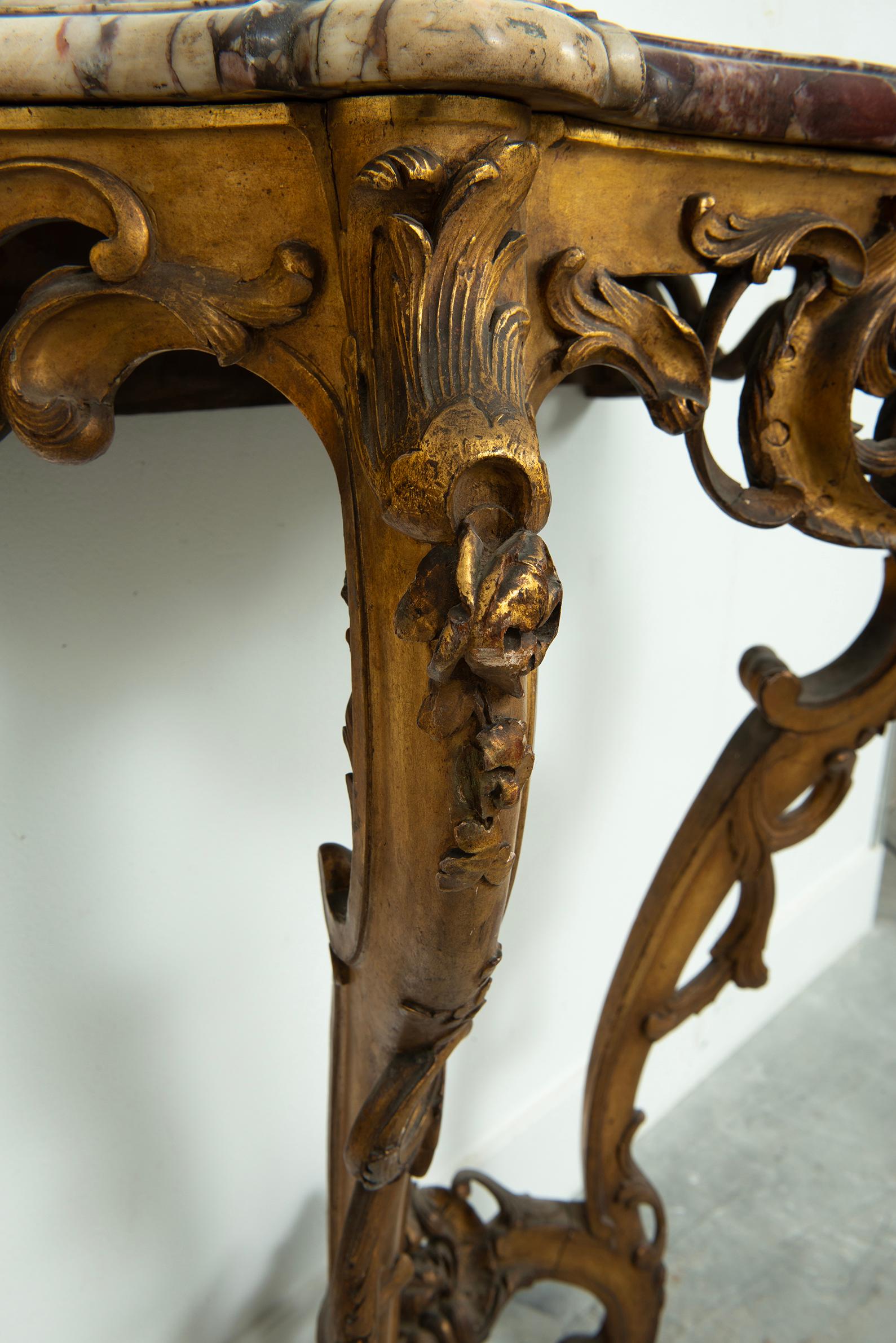 Exceptional Antique Rococo-Style Gilded Console Table For Sale 5