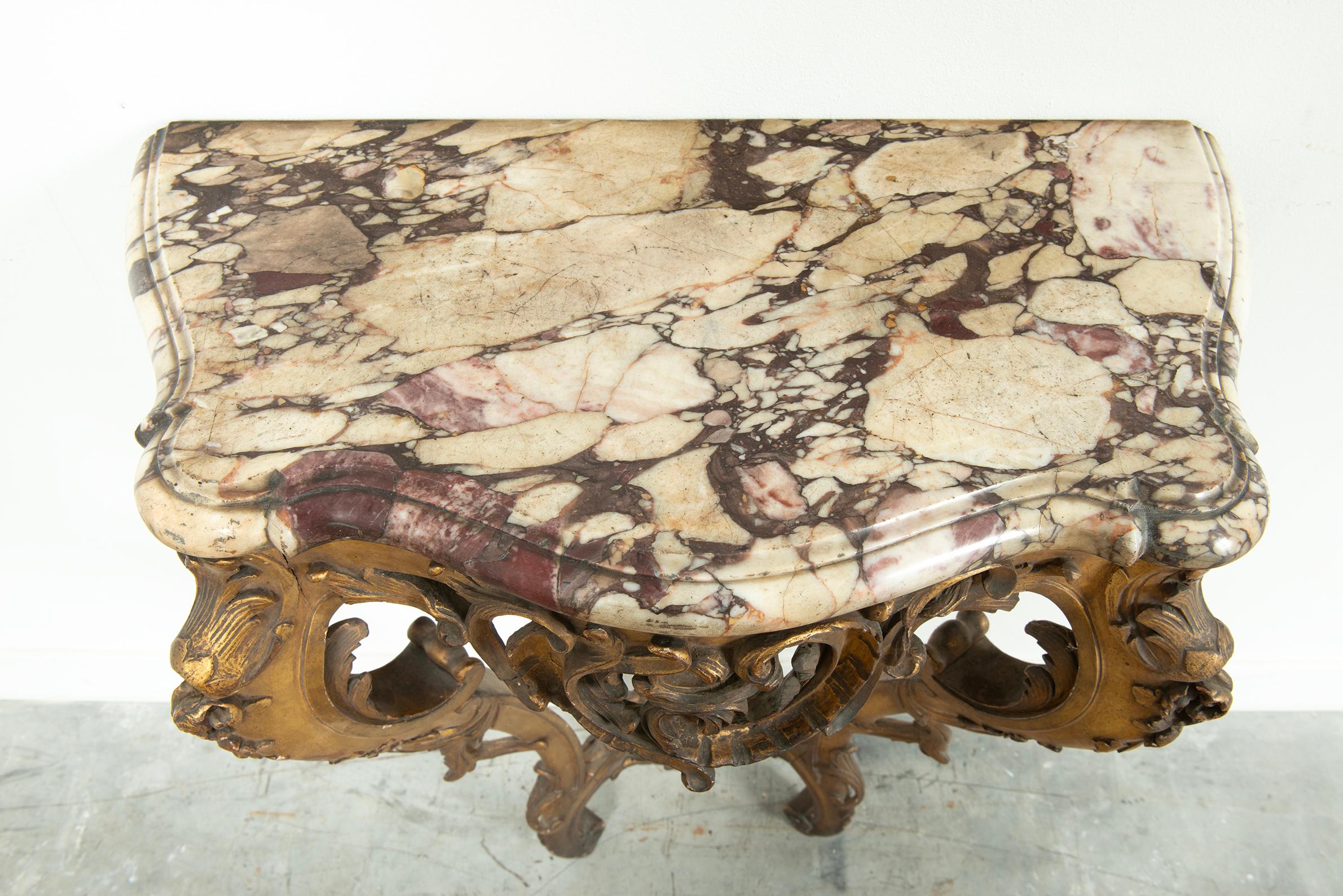 Hand-Carved Exceptional Antique Rococo-Style Gilded Console Table For Sale