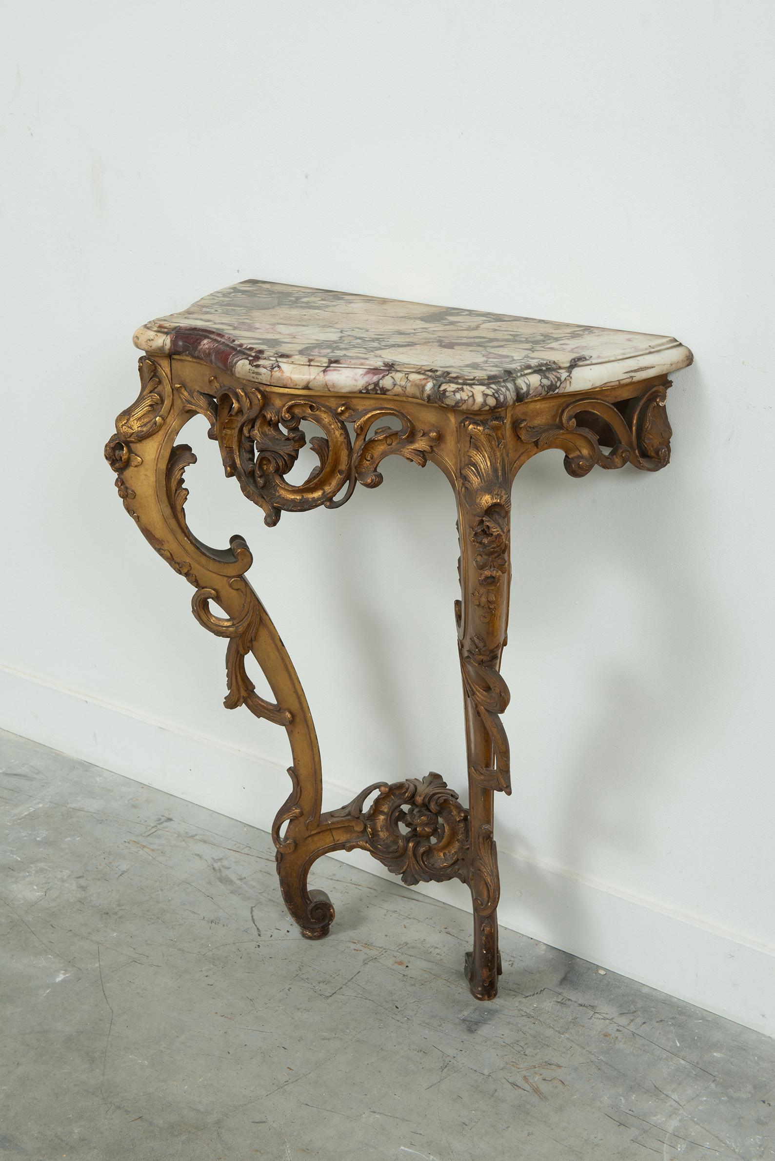 Marble Exceptional Antique Rococo-Style Gilded Console Table For Sale