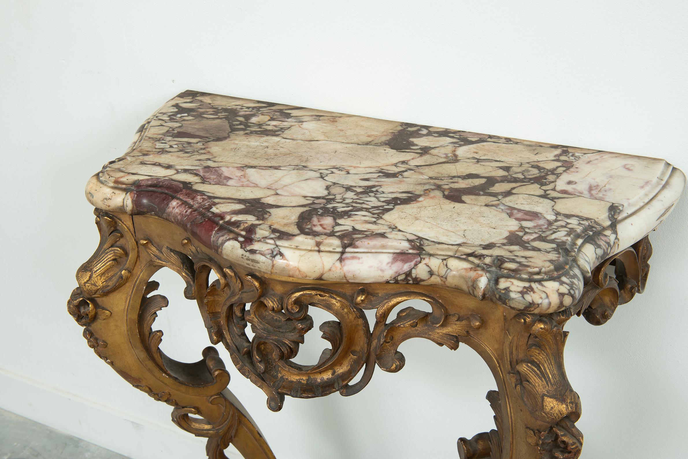 Exceptional Antique Rococo-Style Gilded Console Table For Sale 2