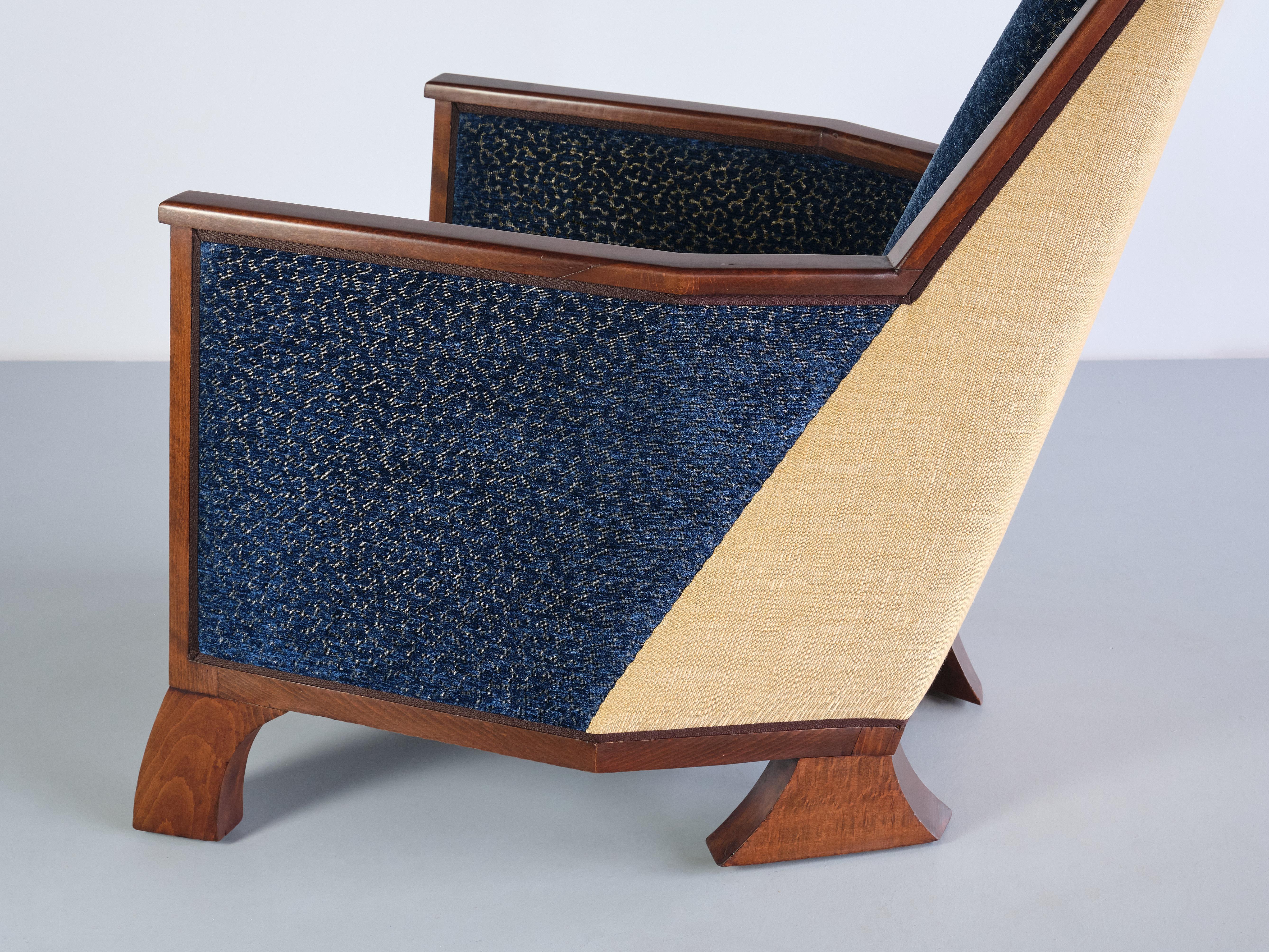 Exceptional Art Deco Arm Chair in Blue Velvet and Maple, Northern France, 1920s For Sale 8