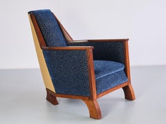 Exceptional Art Deco Arm Chair in Blue Velvet and Maple, Northern France, 1920s