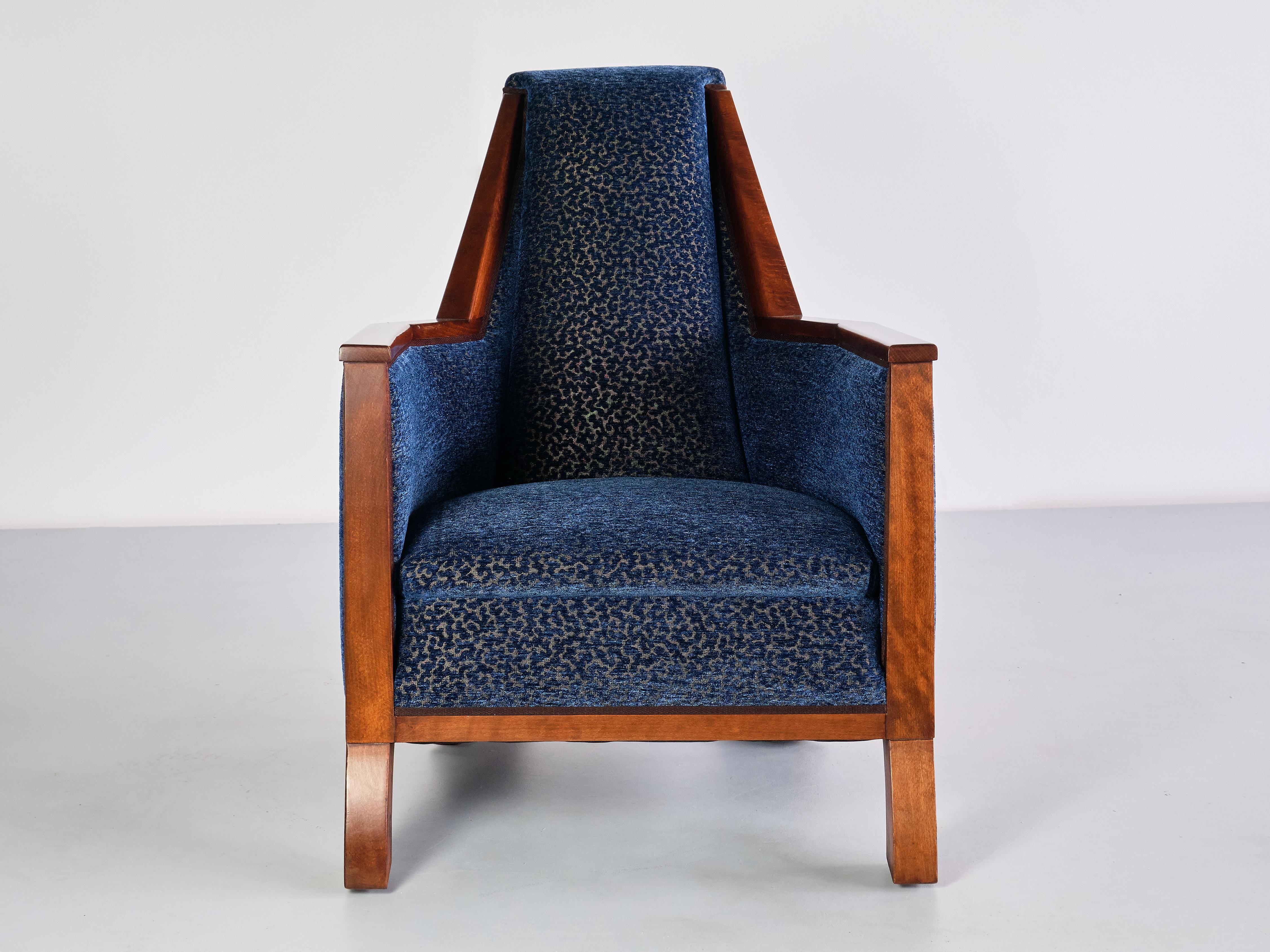 Fabric Exceptional Art Deco Arm Chair in Blue Velvet and Maple, Northern France, 1920s For Sale