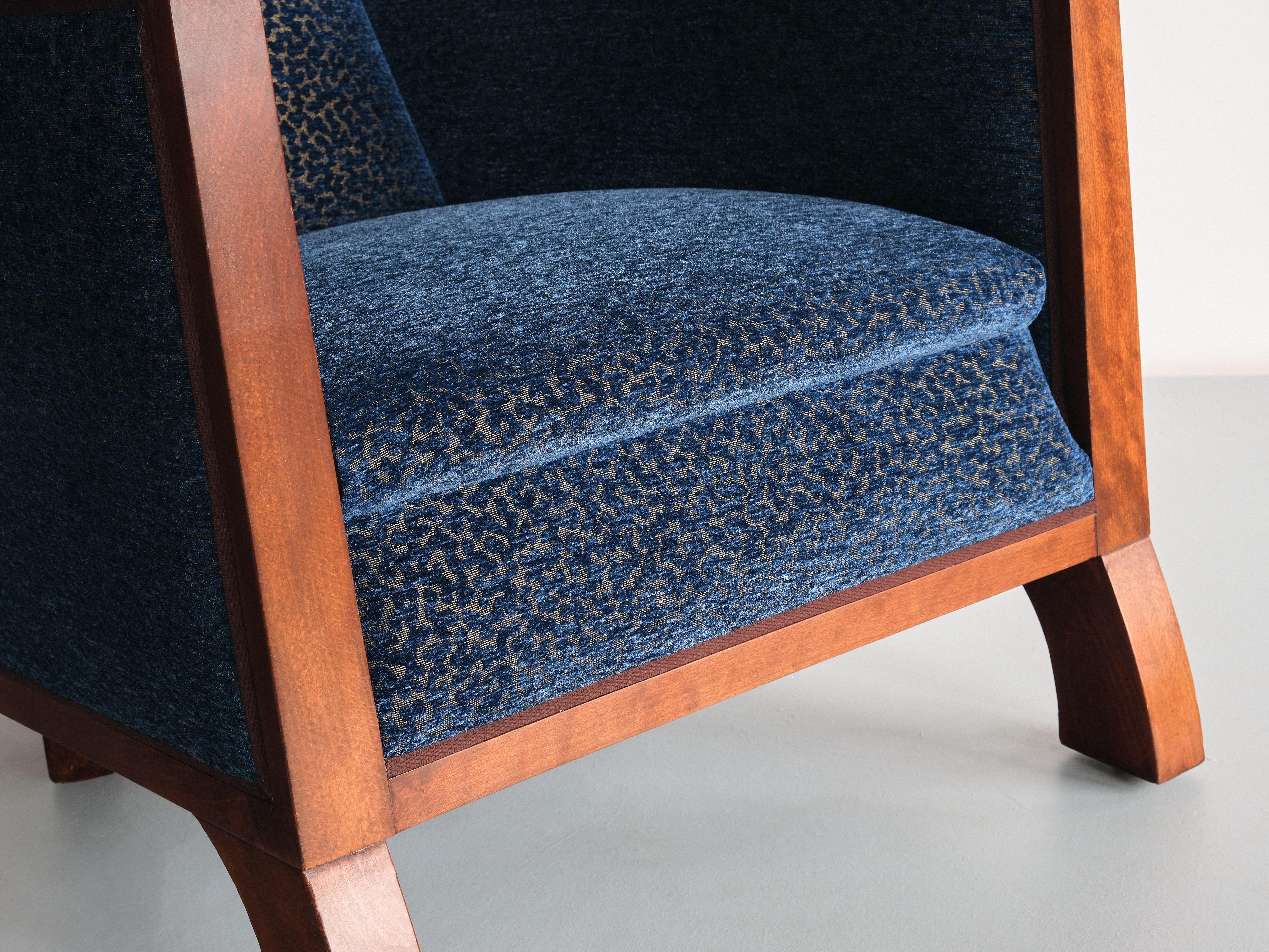 Exceptional Art Deco Arm Chair in Blue Velvet and Maple, Northern France, 1920s For Sale 2