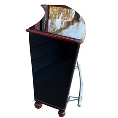 Exceptional Art Deco Black Lacquer Bar Cabinet with Grape Marquetry Chrome Rail