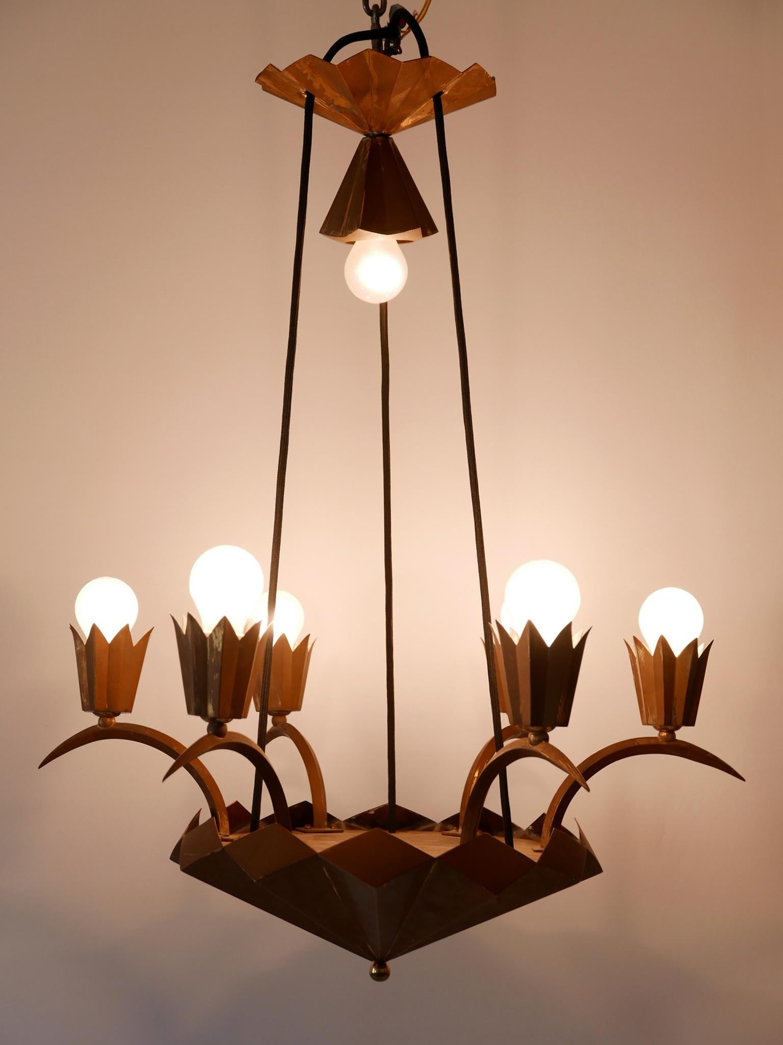 Early 20th Century Exceptional Art Deco Cubist Brass Chandelier or Pendant Lamp, 1920s