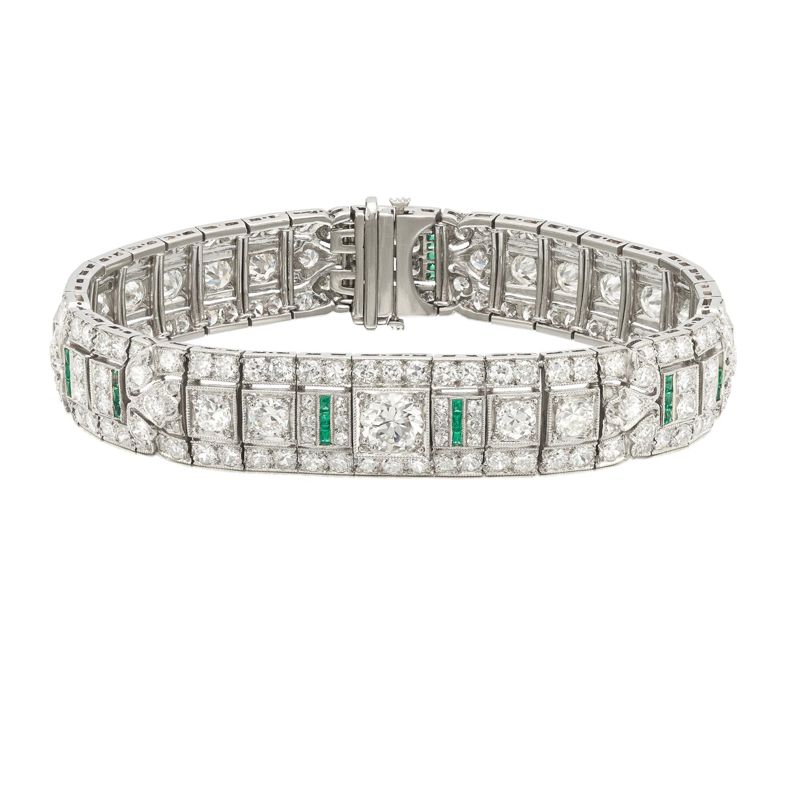 Exceptionnel bracelet Art déco en diamants et émeraudes