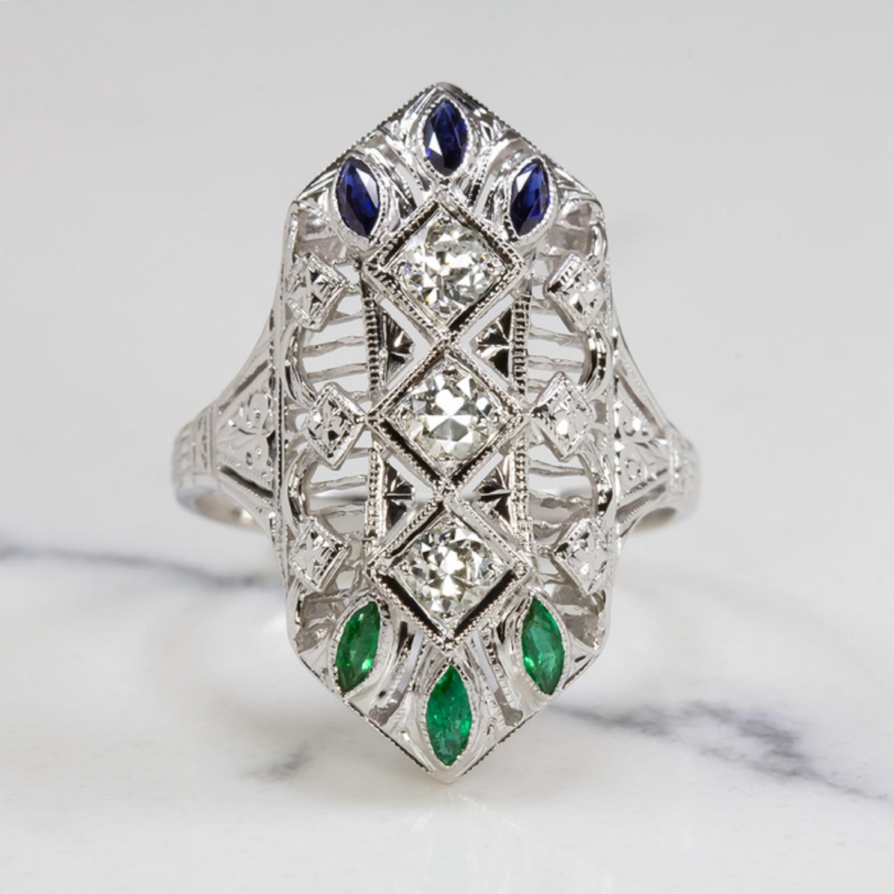Emerald Cut Art Deco Diamond Green Emerald Blue Sapphire Cocktail Ring For Sale