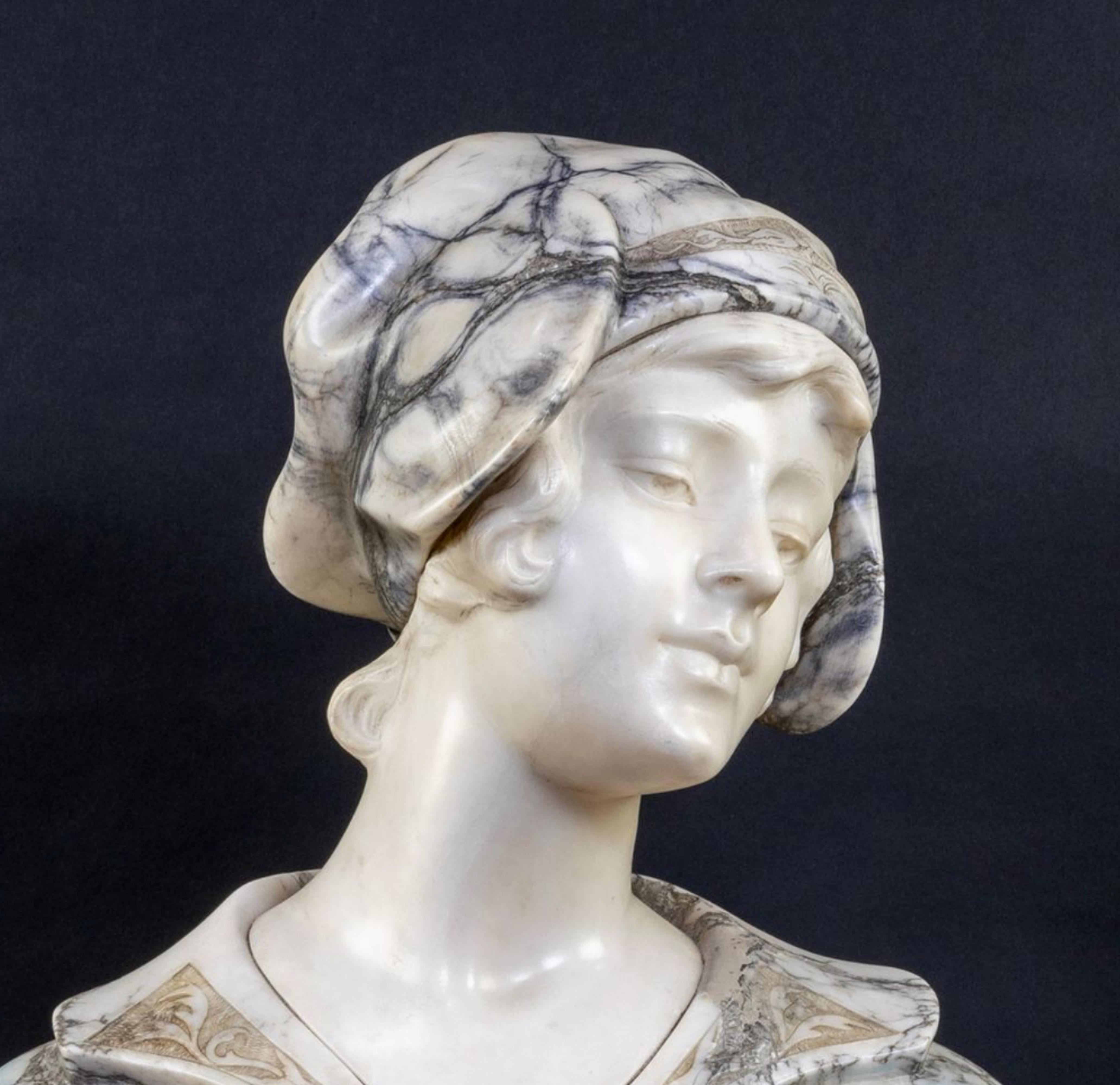 Exceptional Art Deco Female Bust from the early 1900s
Italy
made of Carrara marble with finely sculpted relief decoration in marble colours that are difficult to find
H 64 cm
good condition