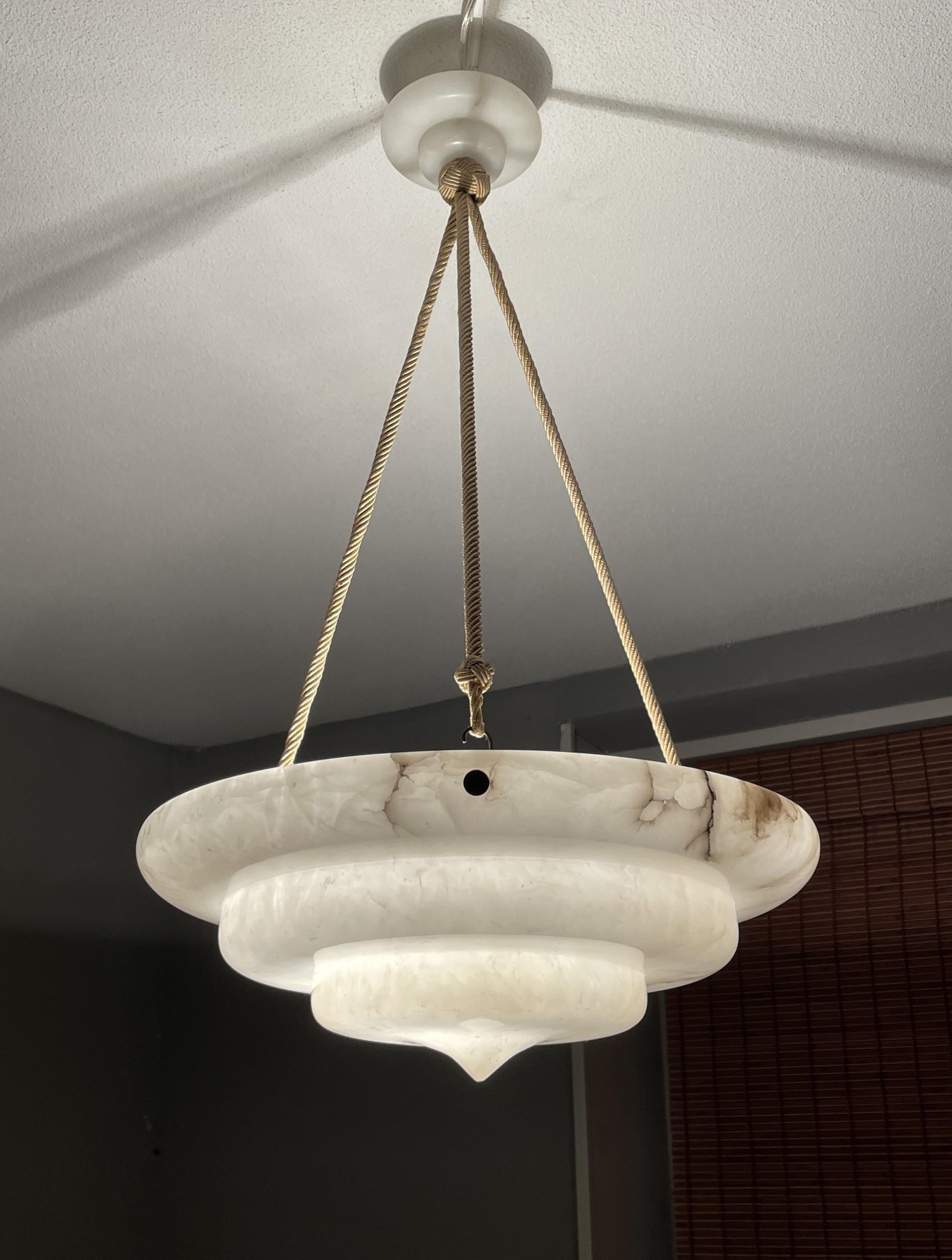 Exceptional Art Deco Hand Carved & Layered Alabaster Pendant Light w. Rope Chain For Sale 3