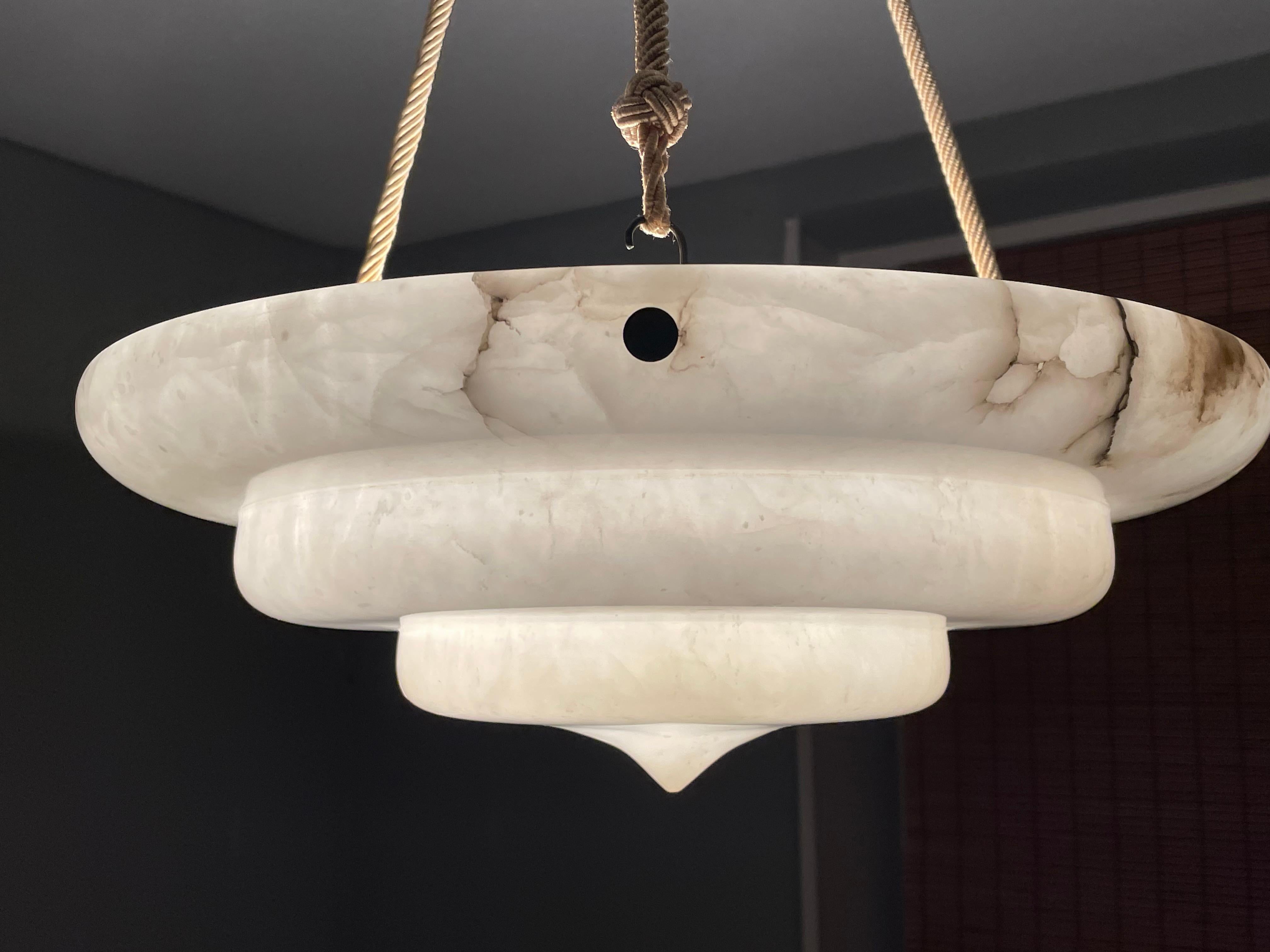 Exceptional Art Deco Hand Carved & Layered Alabaster Pendant Light w. Rope Chain For Sale 4