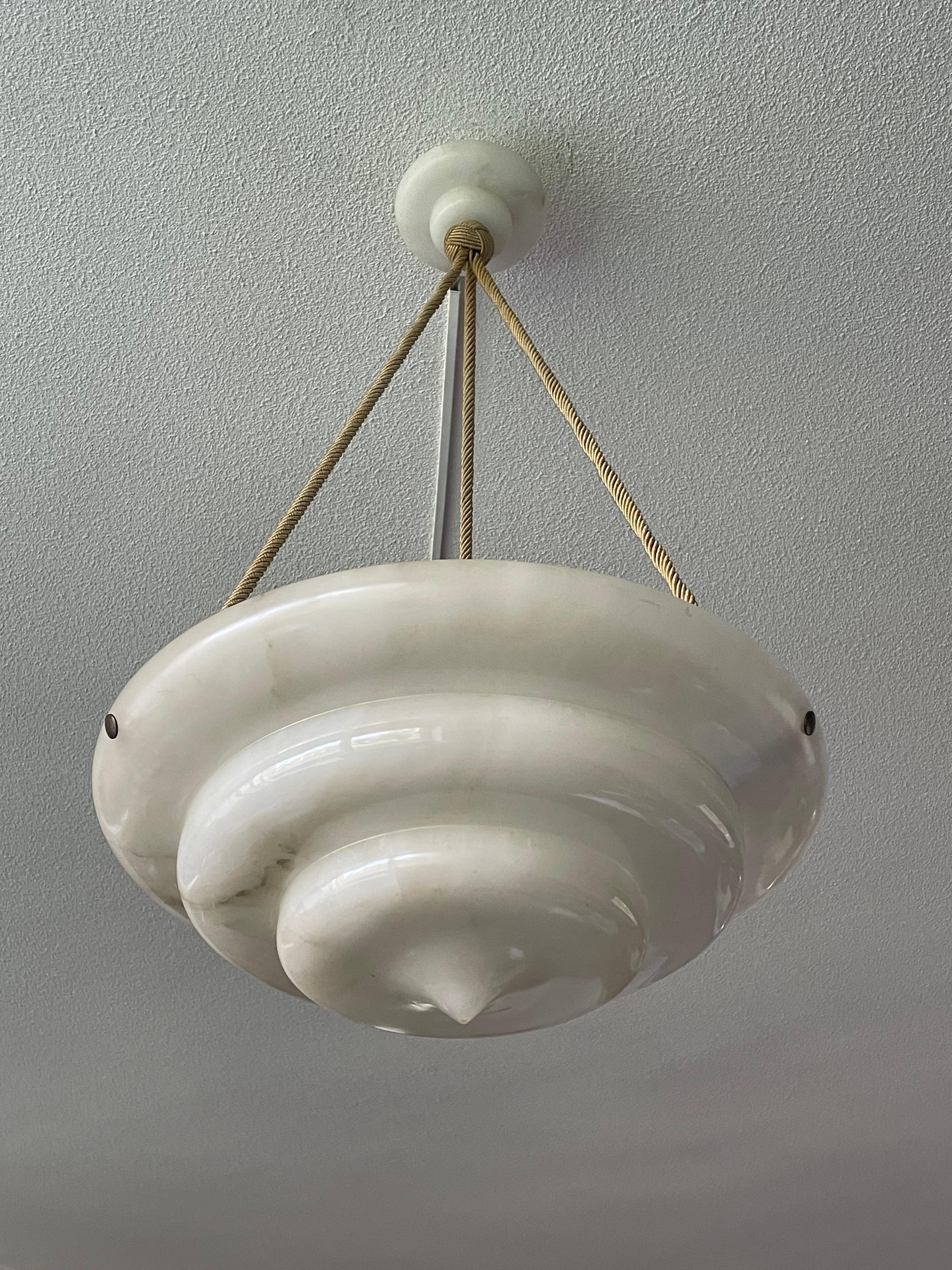 Exceptional Art Deco Hand Carved & Layered Alabaster Pendant Light w. Rope Chain For Sale 5