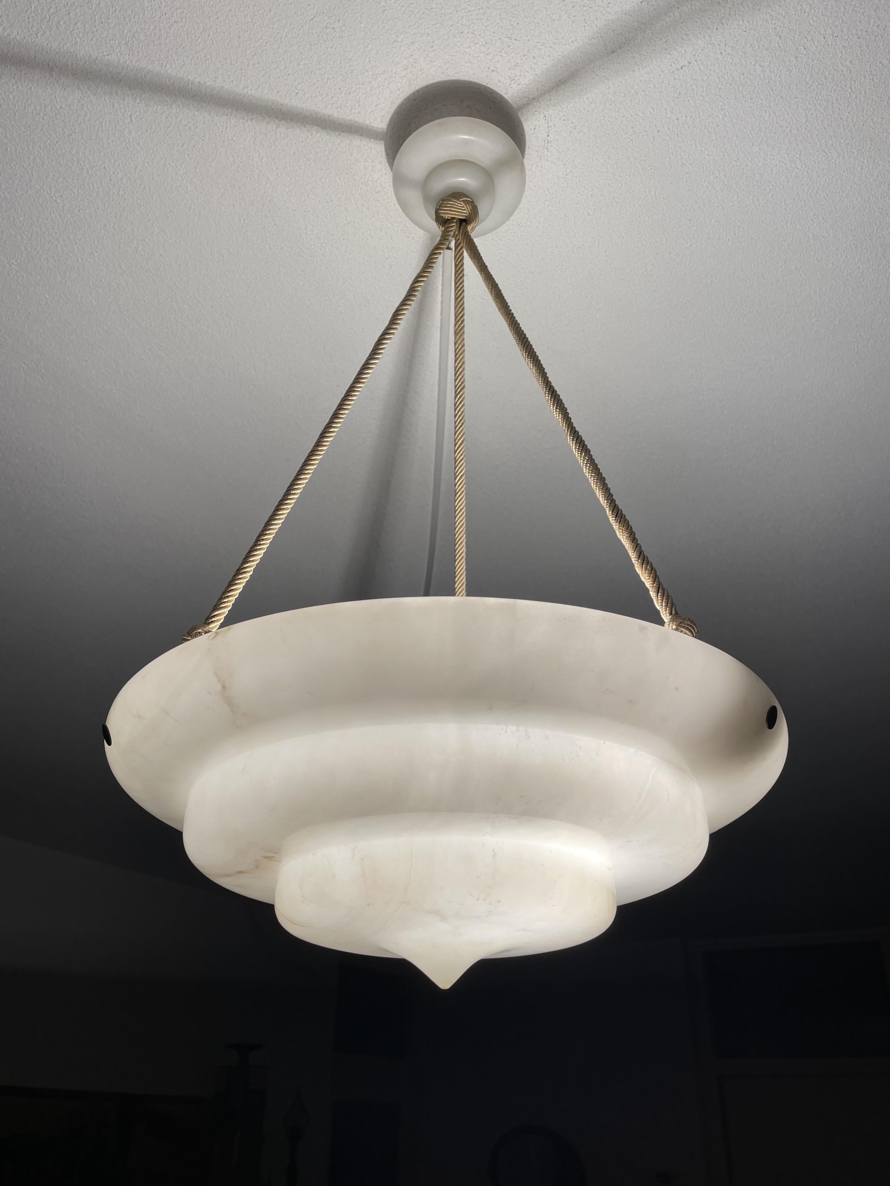 Exceptional Art Deco Hand Carved & Layered Alabaster Pendant Light w. Rope Chain For Sale 6