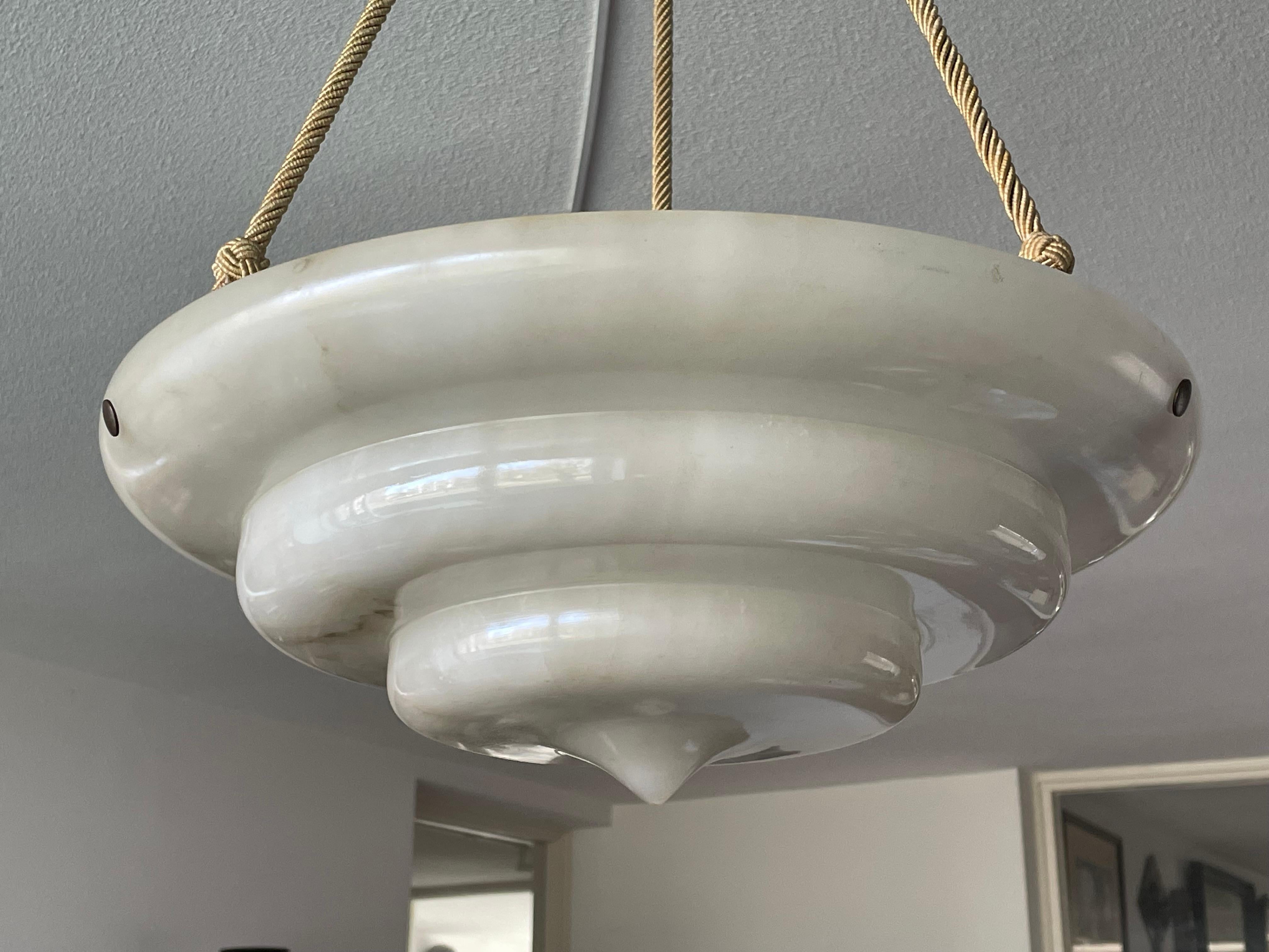 Exceptional Art Deco Hand Carved & Layered Alabaster Pendant Light w. Rope Chain For Sale 7