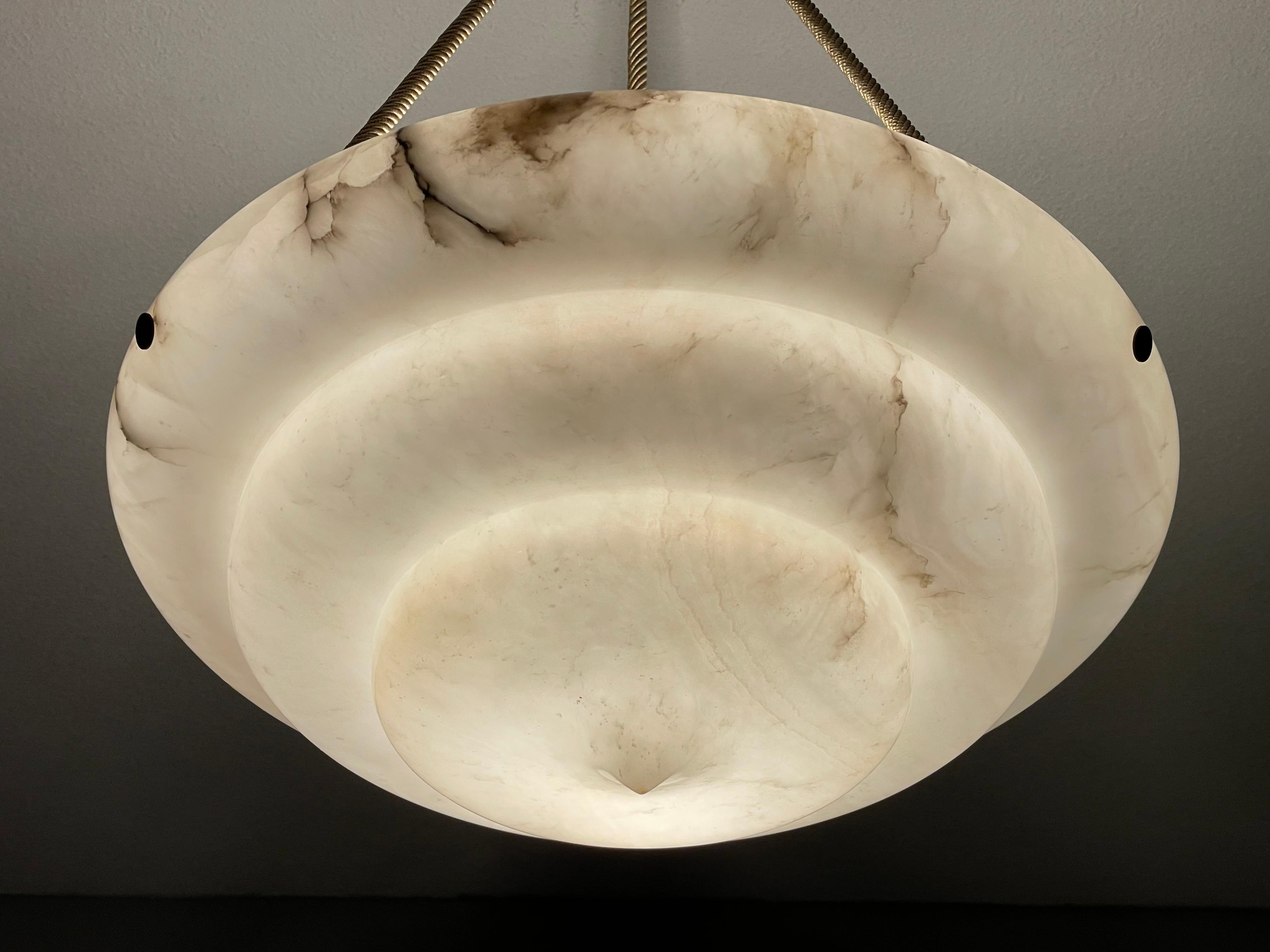 Exceptional Art Deco Hand Carved & Layered Alabaster Pendant Light w. Rope Chain For Sale 10
