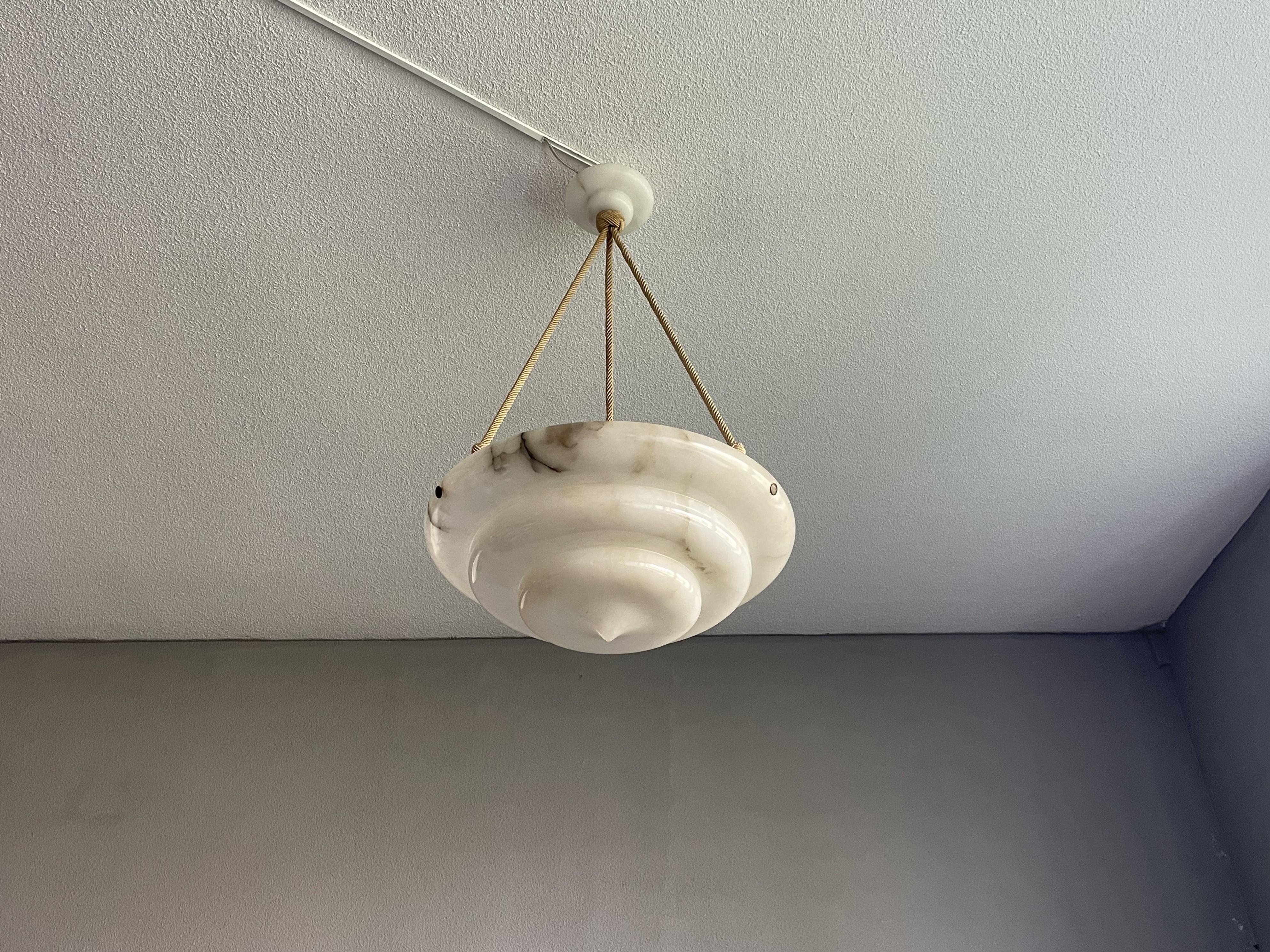 Exceptional Art Deco Hand Carved & Layered Alabaster Pendant Light w. Rope Chain For Sale 11