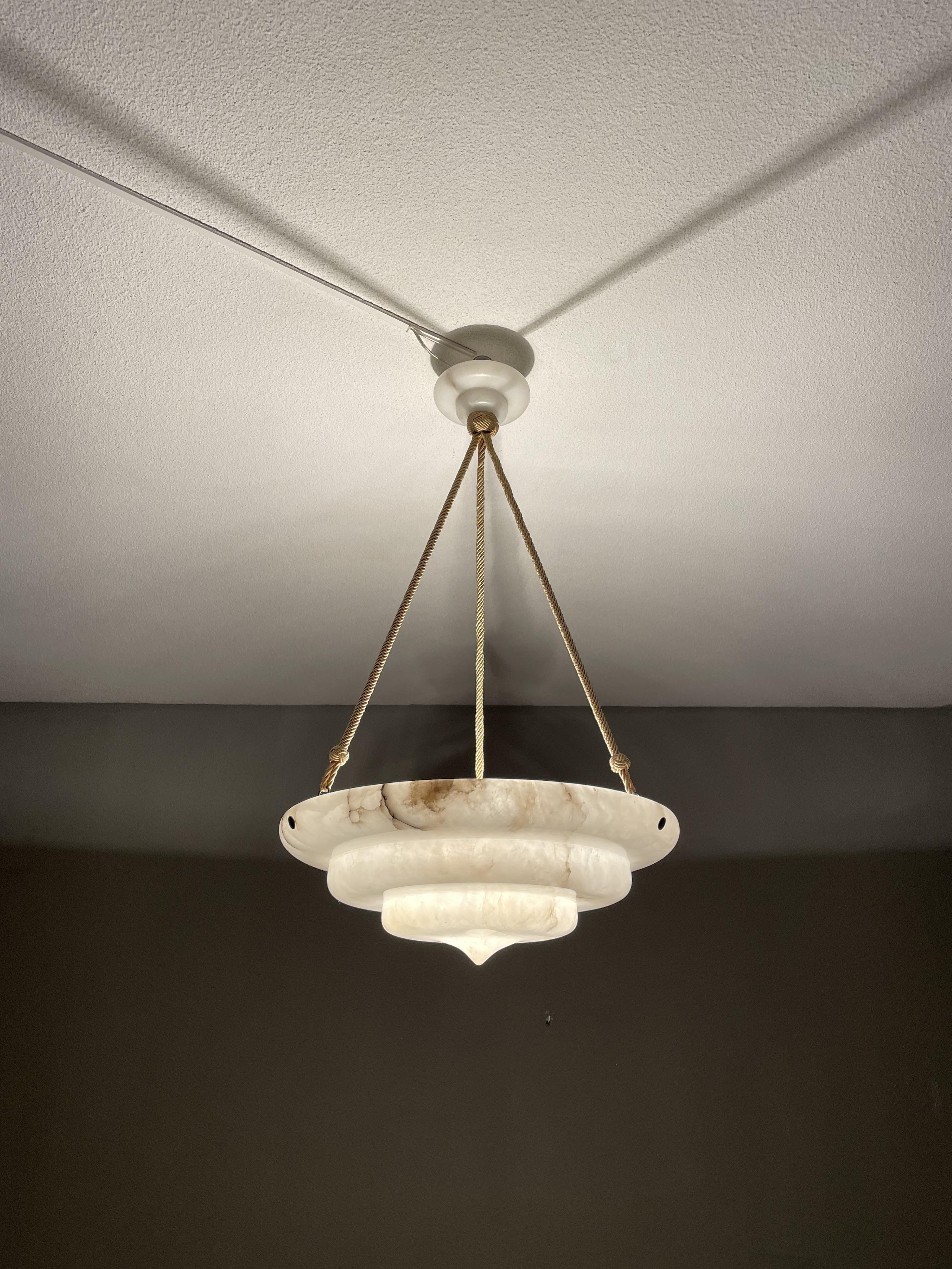 Exceptional Art Deco Hand Carved & Layered Alabaster Pendant Light w. Rope Chain For Sale 12