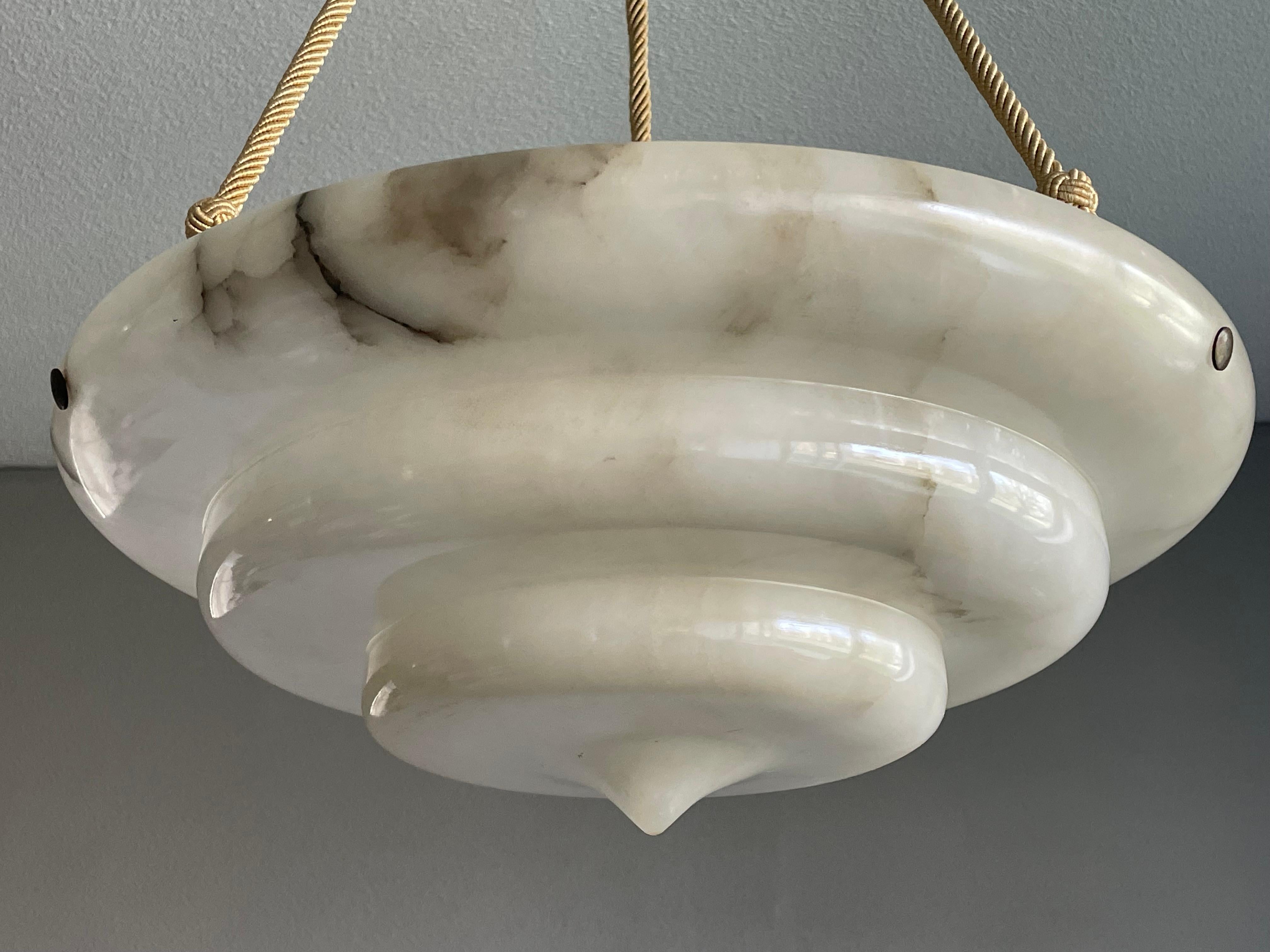 Exceptional Art Deco Hand Carved & Layered Alabaster Pendant Light w. Rope Chain For Sale 13