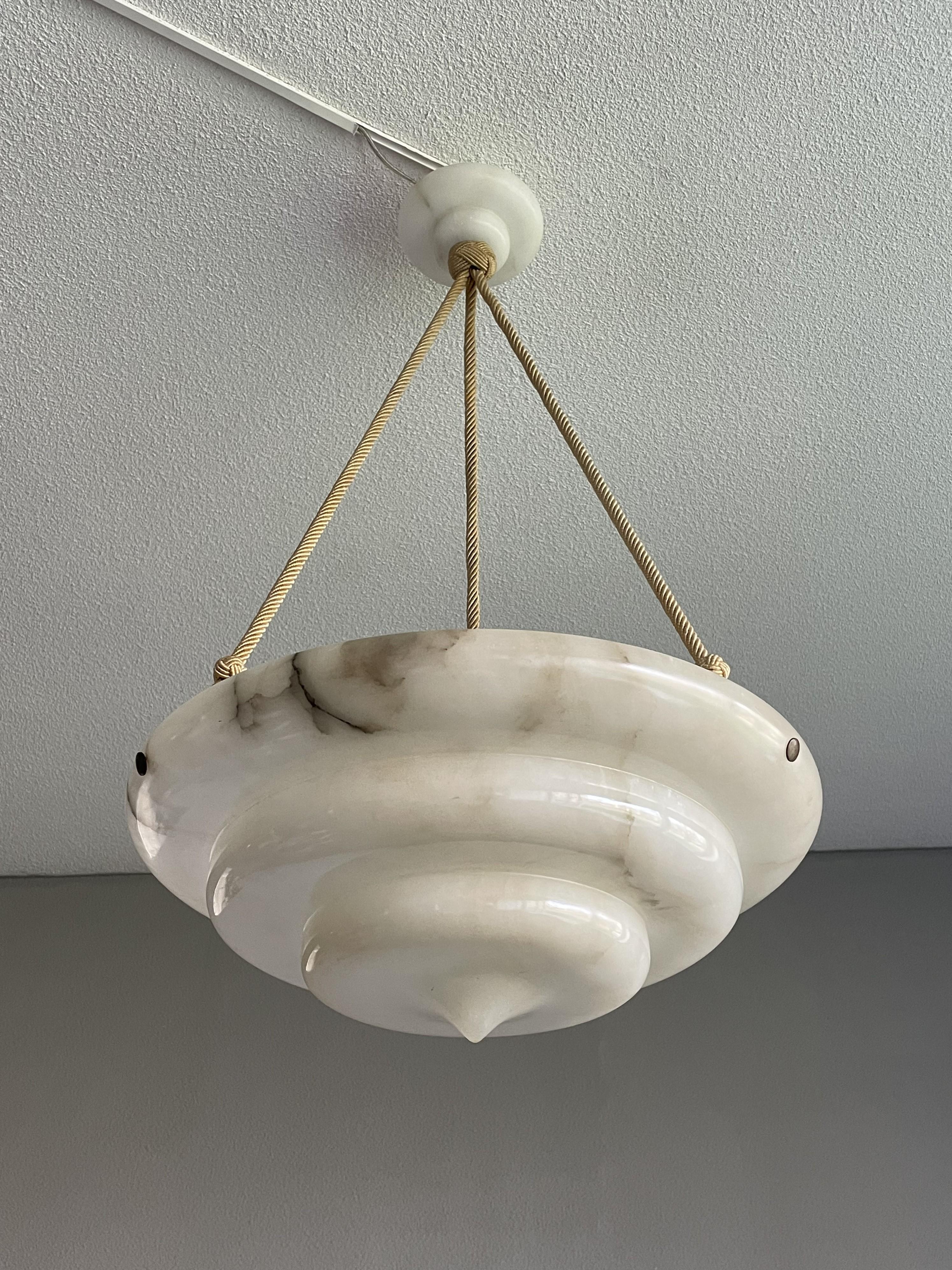 European Exceptional Art Deco Hand Carved & Layered Alabaster Pendant Light w. Rope Chain For Sale