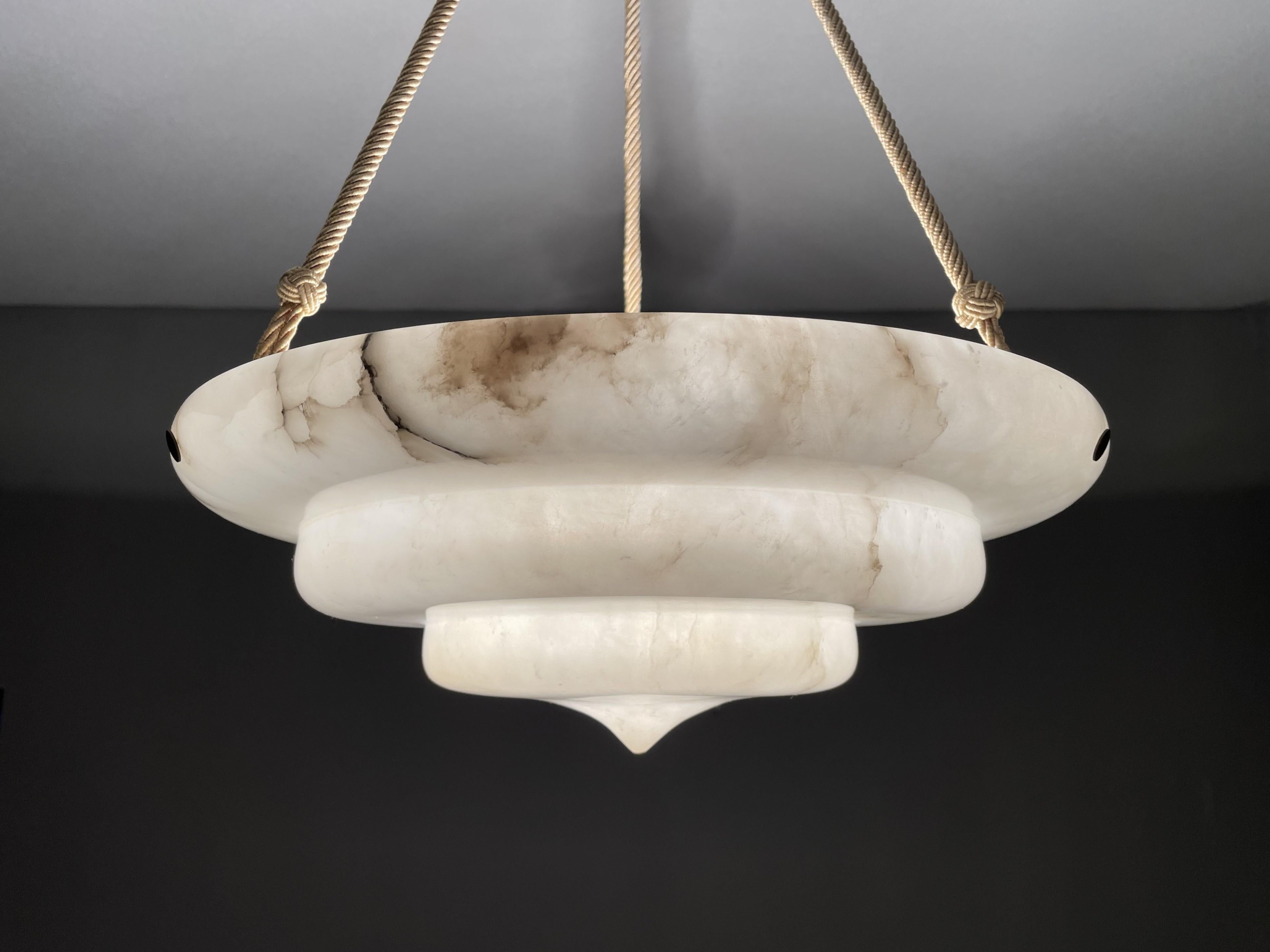 Polished Exceptional Art Deco Hand Carved & Layered Alabaster Pendant Light w. Rope Chain For Sale
