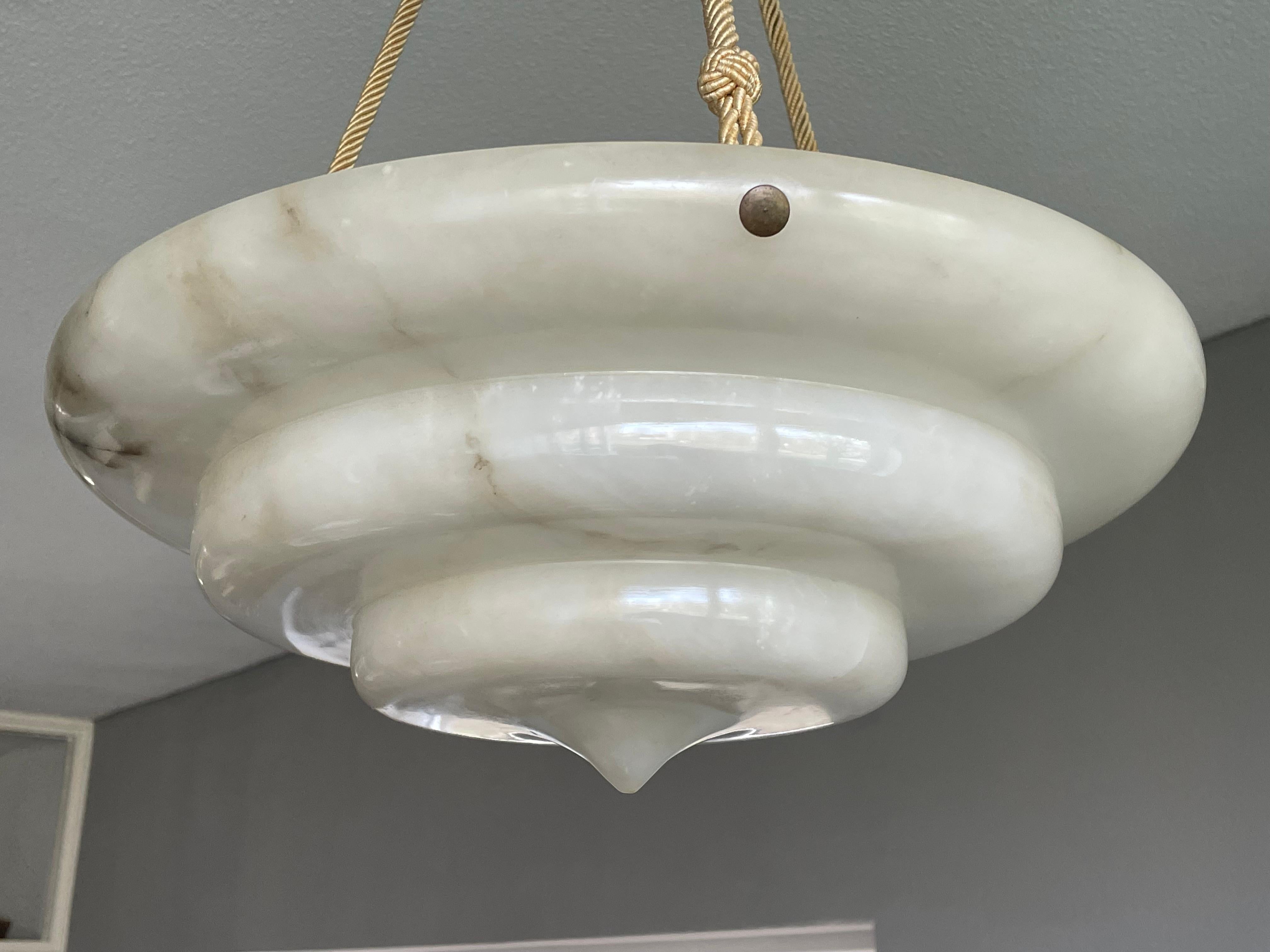 Metal Exceptional Art Deco Hand Carved & Layered Alabaster Pendant Light w. Rope Chain For Sale