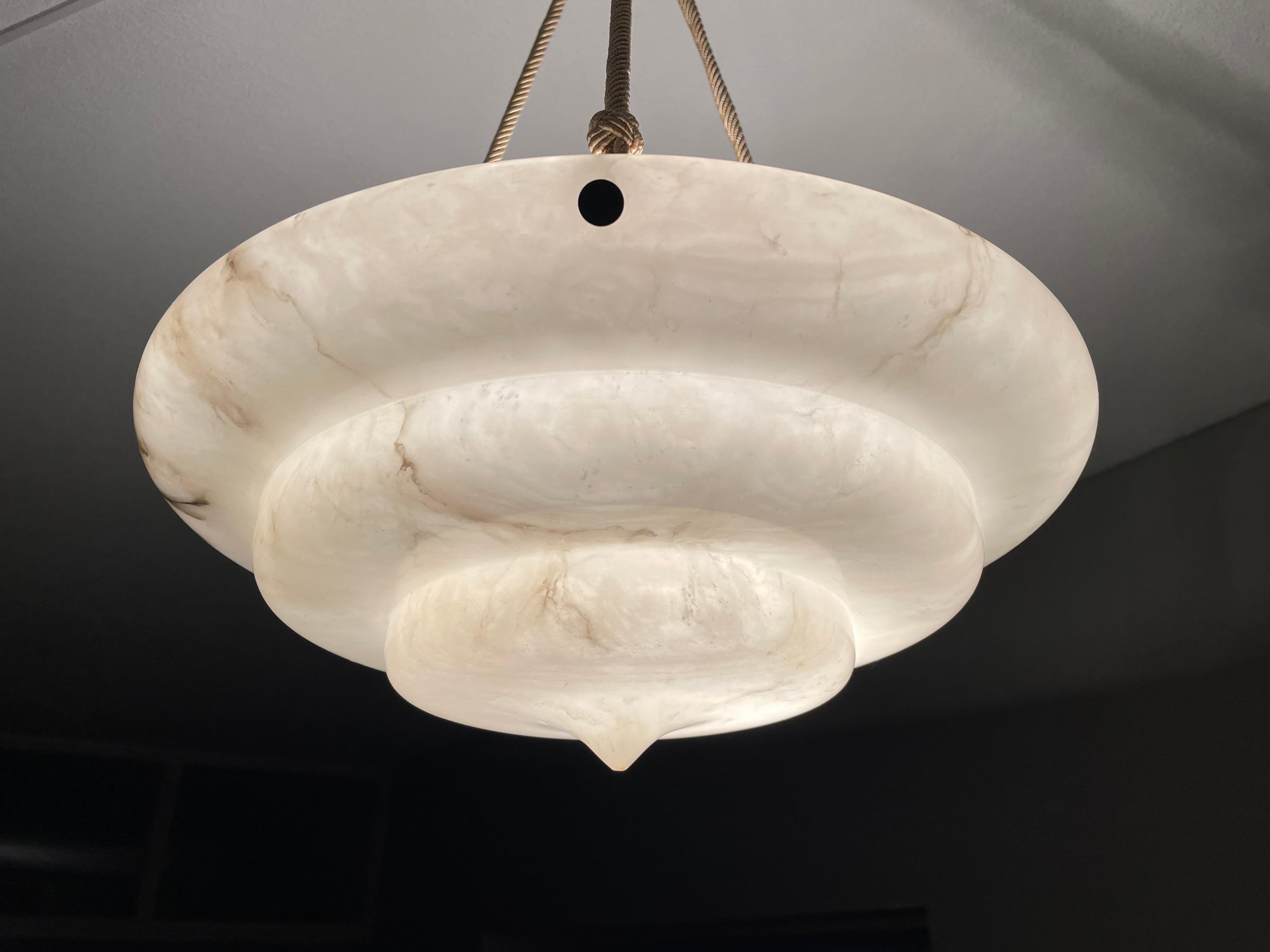 Exceptional Art Deco Hand Carved & Layered Alabaster Pendant Light w. Rope Chain For Sale 1