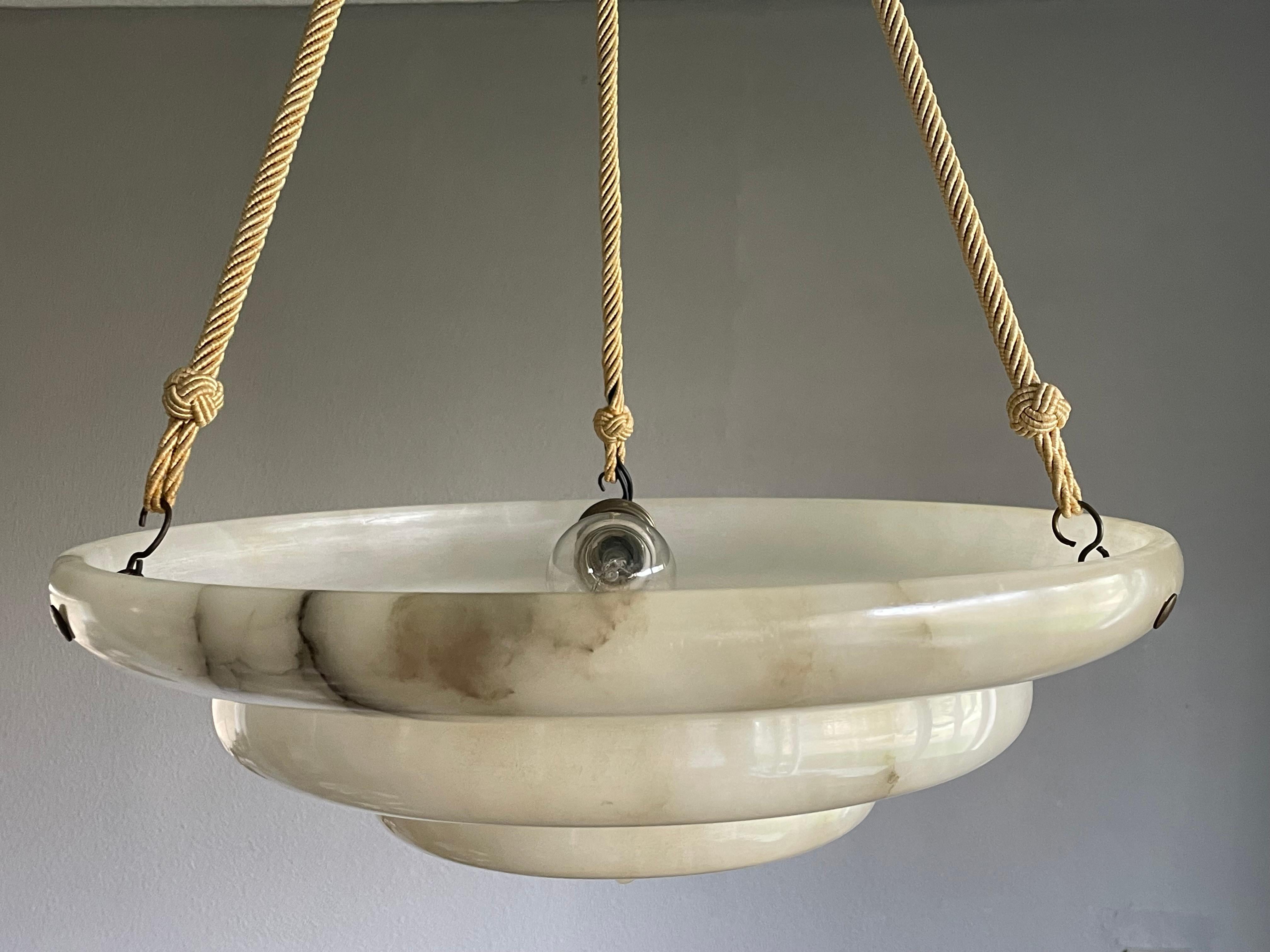 Exceptional Art Deco Hand Carved & Layered Alabaster Pendant Light w. Rope Chain For Sale 2