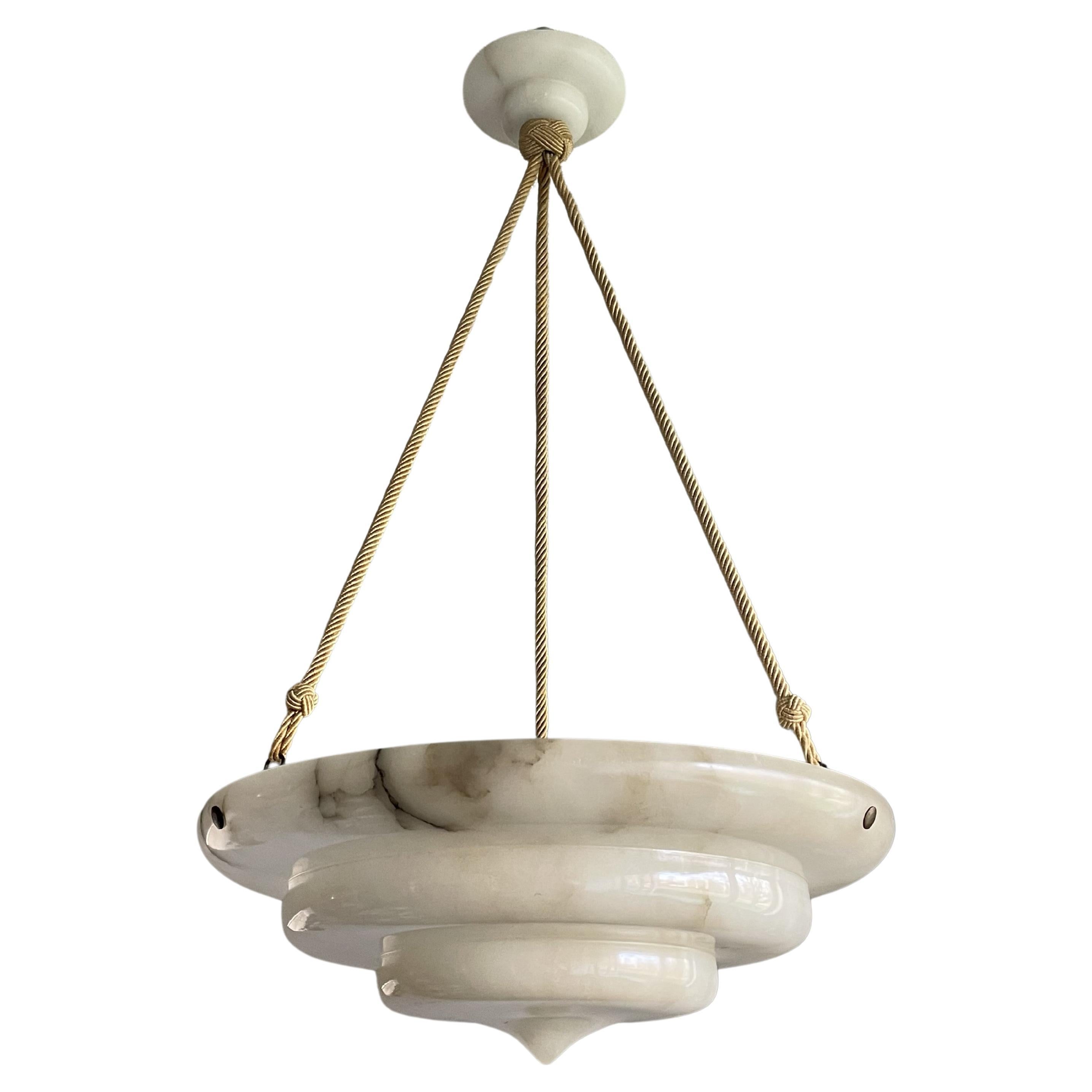 Exceptional Art Deco Hand Carved & Layered Alabaster Pendant Light w. Rope Chain For Sale