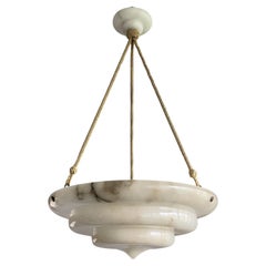 Retro Exceptional Art Deco Hand Carved & Layered Alabaster Pendant Light w. Rope Chain