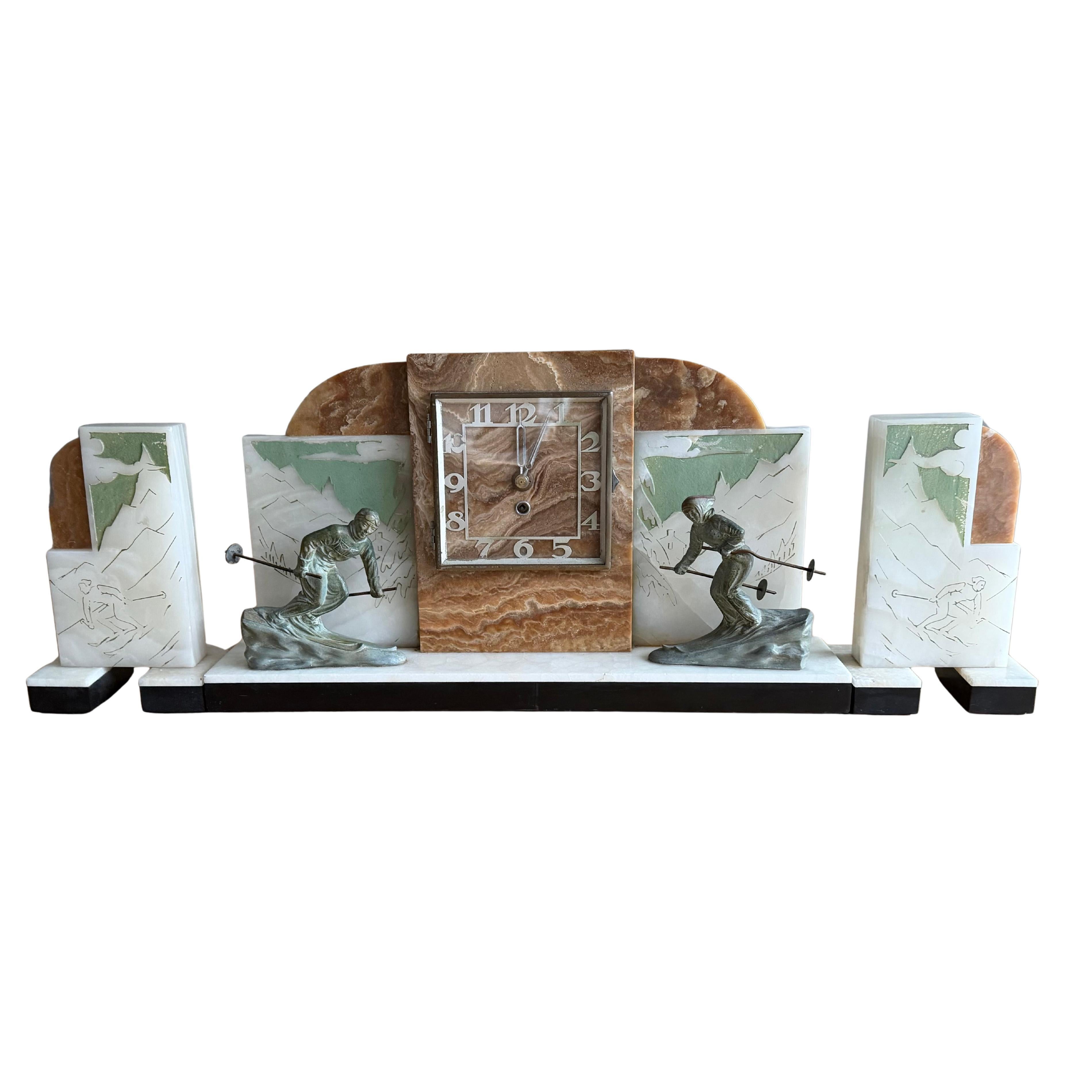 Exceptional Art Deco Mantel Clock with Alpine Skiers, Onyx & Marble, circa 1930