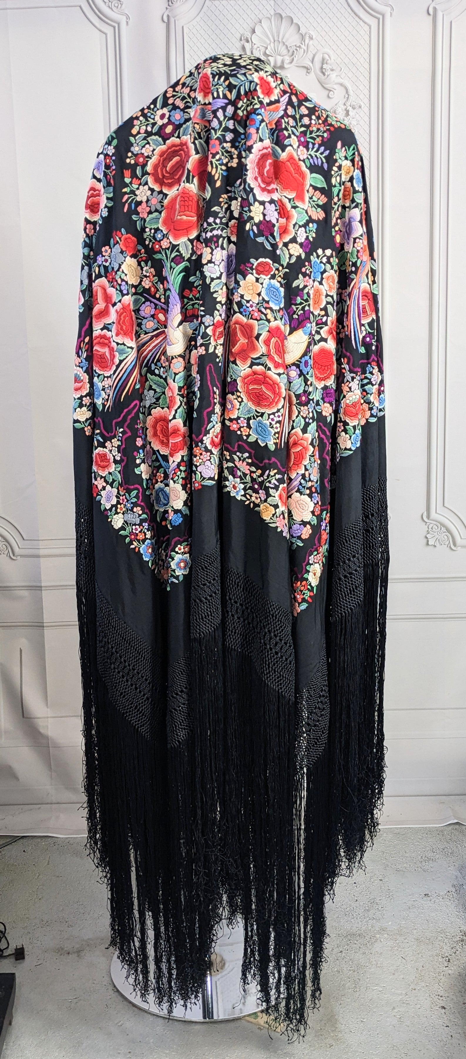 Spectacular Art Deco Flamenco Canton Manton De Manila Hand Embroidered Silk Wedding Piano Shawl.  Huge & Heavy, Hand Embroidered, Vibrant Color on color with floral and bird motifs.  Features outstanding, highly detailed allover motifs hand