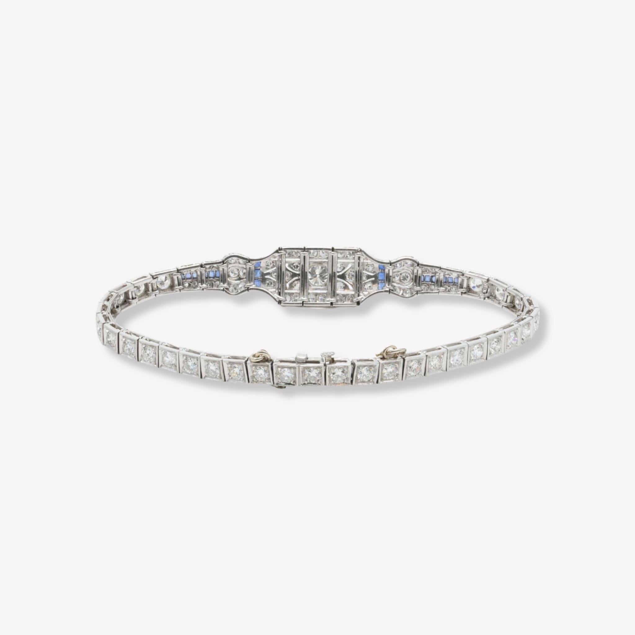 Old European Cut Exceptional Art Deco Platinum, Diamond and Sapphire Bracelet For Sale