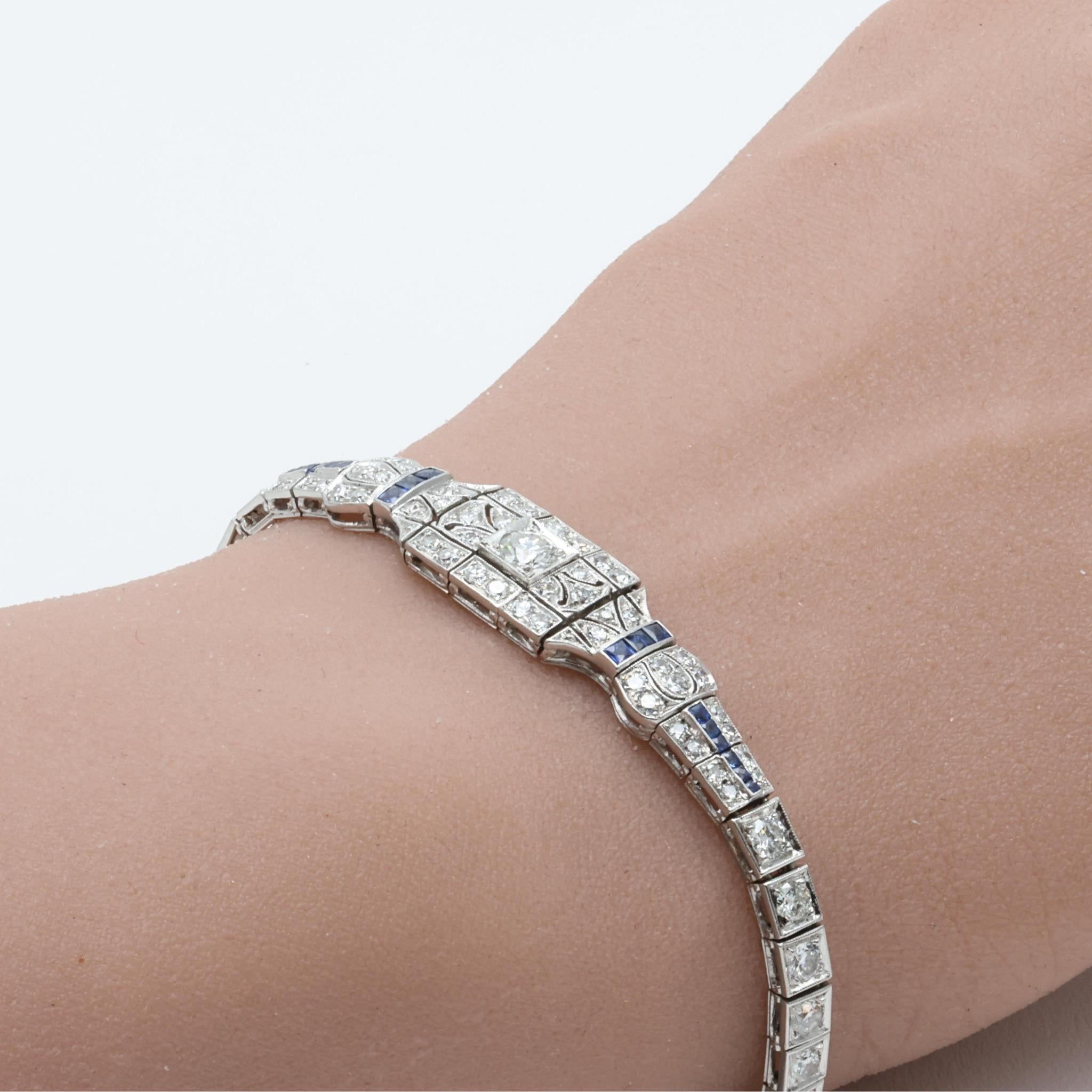 Women's or Men's Exceptional Art Deco Platinum, Diamond and Sapphire Bracelet For Sale