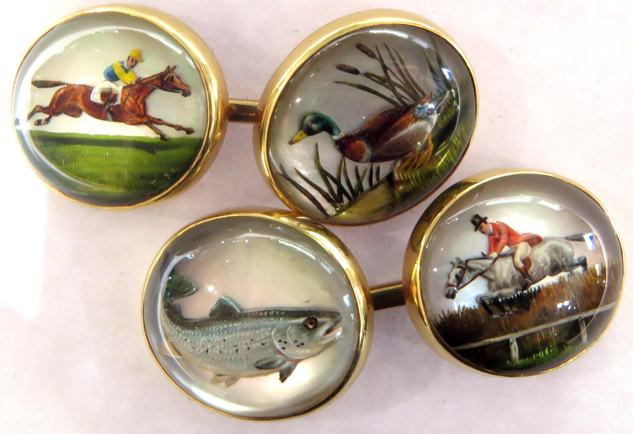 These wonderful 14k Essex crystal cufflinks have great depth in each of the reverse carvings. These are 4 different sporting scenes all in pristine condition. 
These cufflinks weigh 11.4 grams
These cufflinks measure 9/16 high by 5/8 inch across