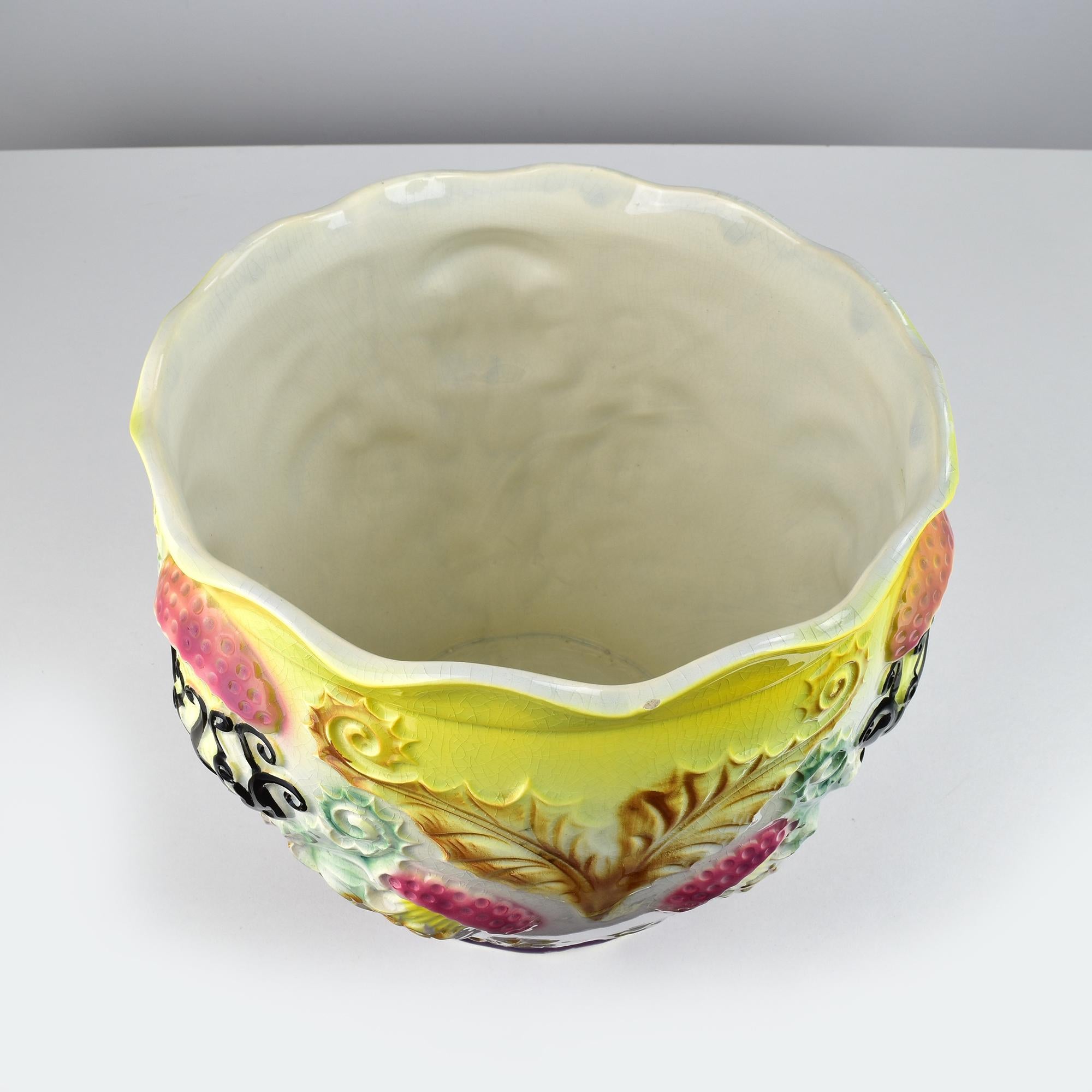 Exceptional Art Nouveau Barbotine Majolica Jardiniere Flowerpot Thistle Motif For Sale 5