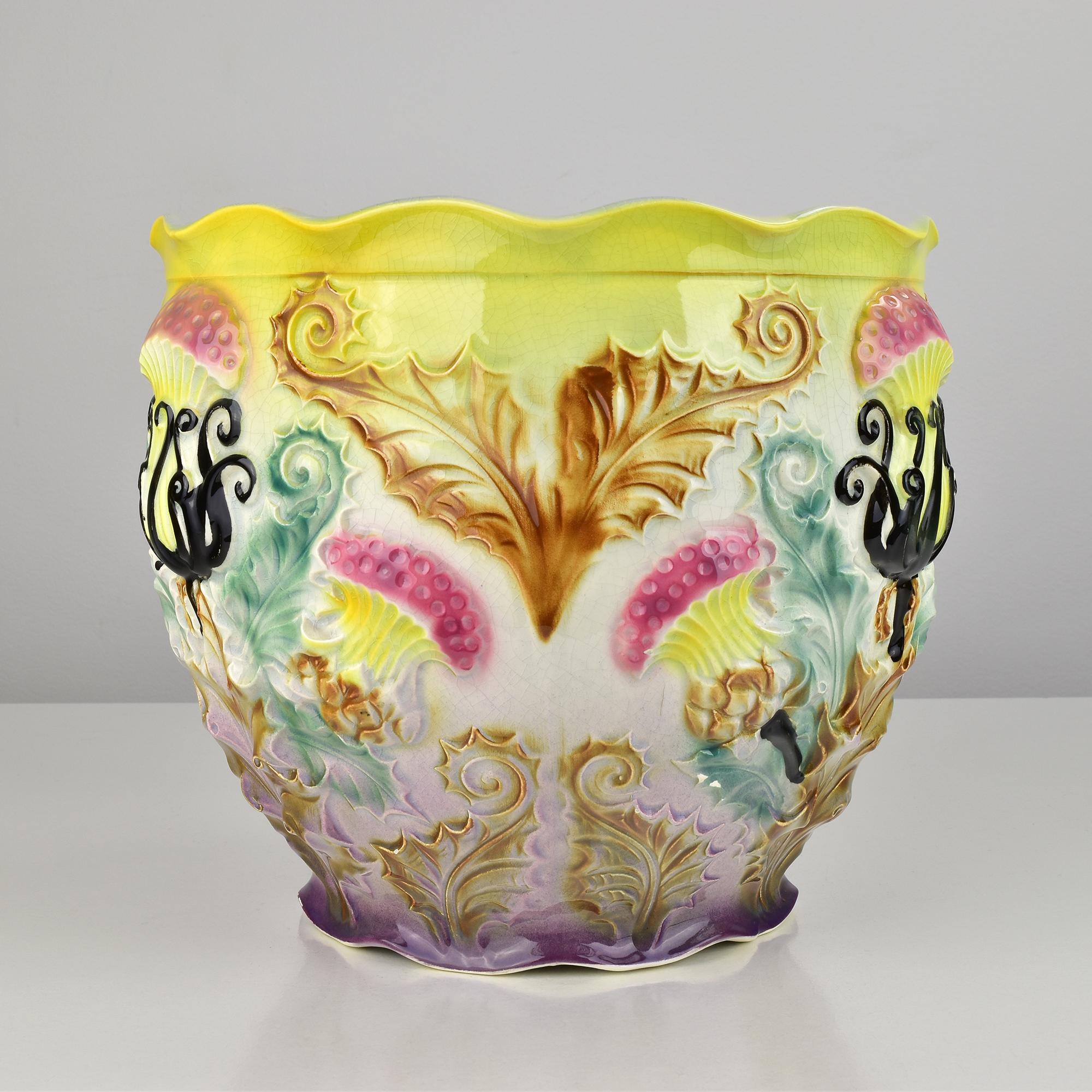 French Exceptional Art Nouveau Barbotine Majolica Jardiniere Flowerpot Thistle Motif For Sale