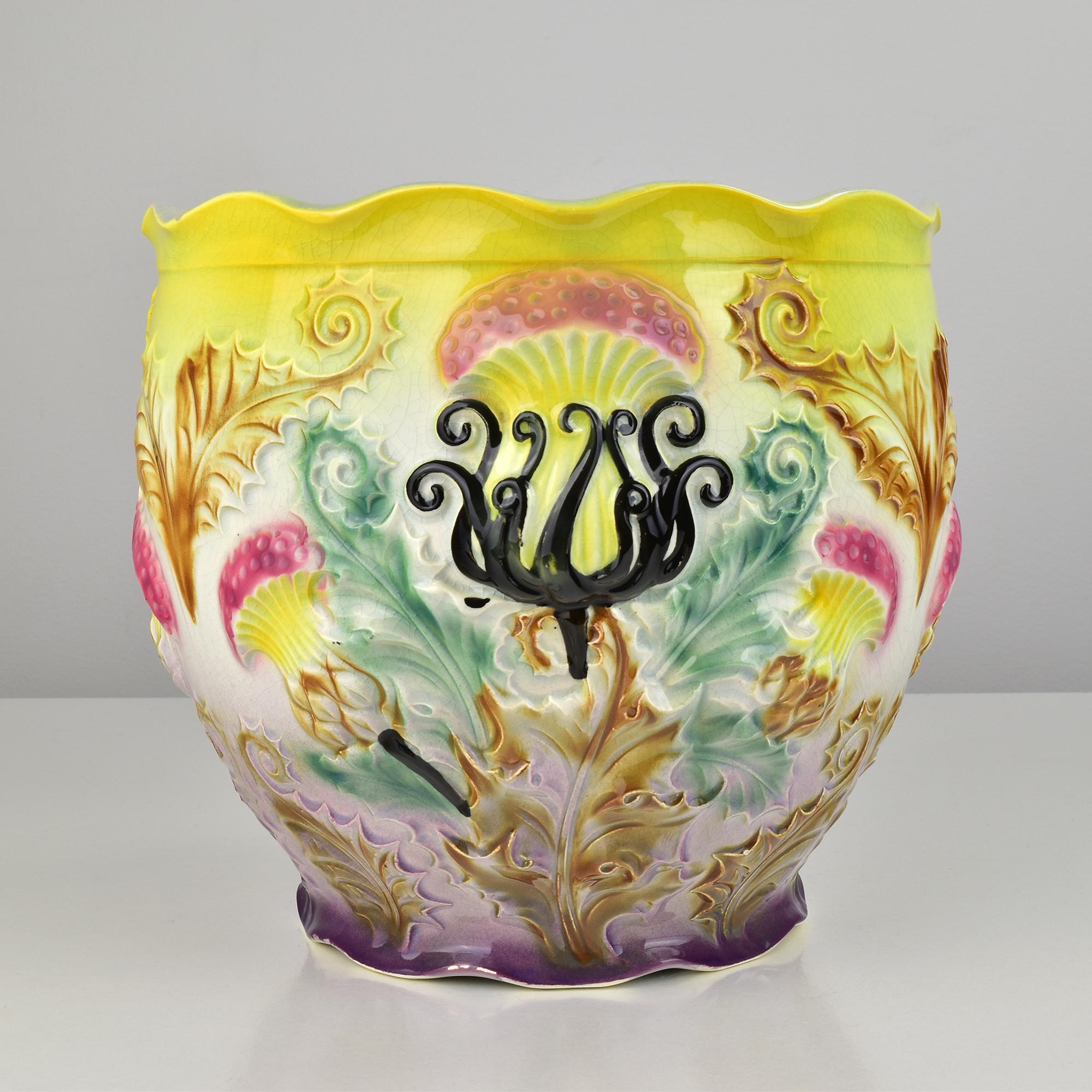 Glazed Exceptional Art Nouveau Barbotine Majolica Jardiniere Flowerpot Thistle Motif For Sale