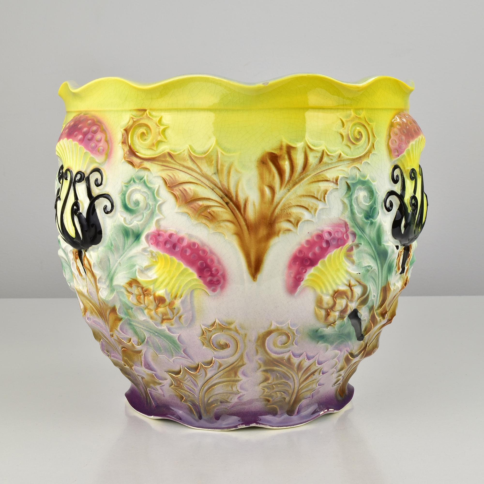 Exceptional Art Nouveau Barbotine Majolica Jardiniere Flowerpot Thistle Motif In Good Condition For Sale In Bad Säckingen, DE