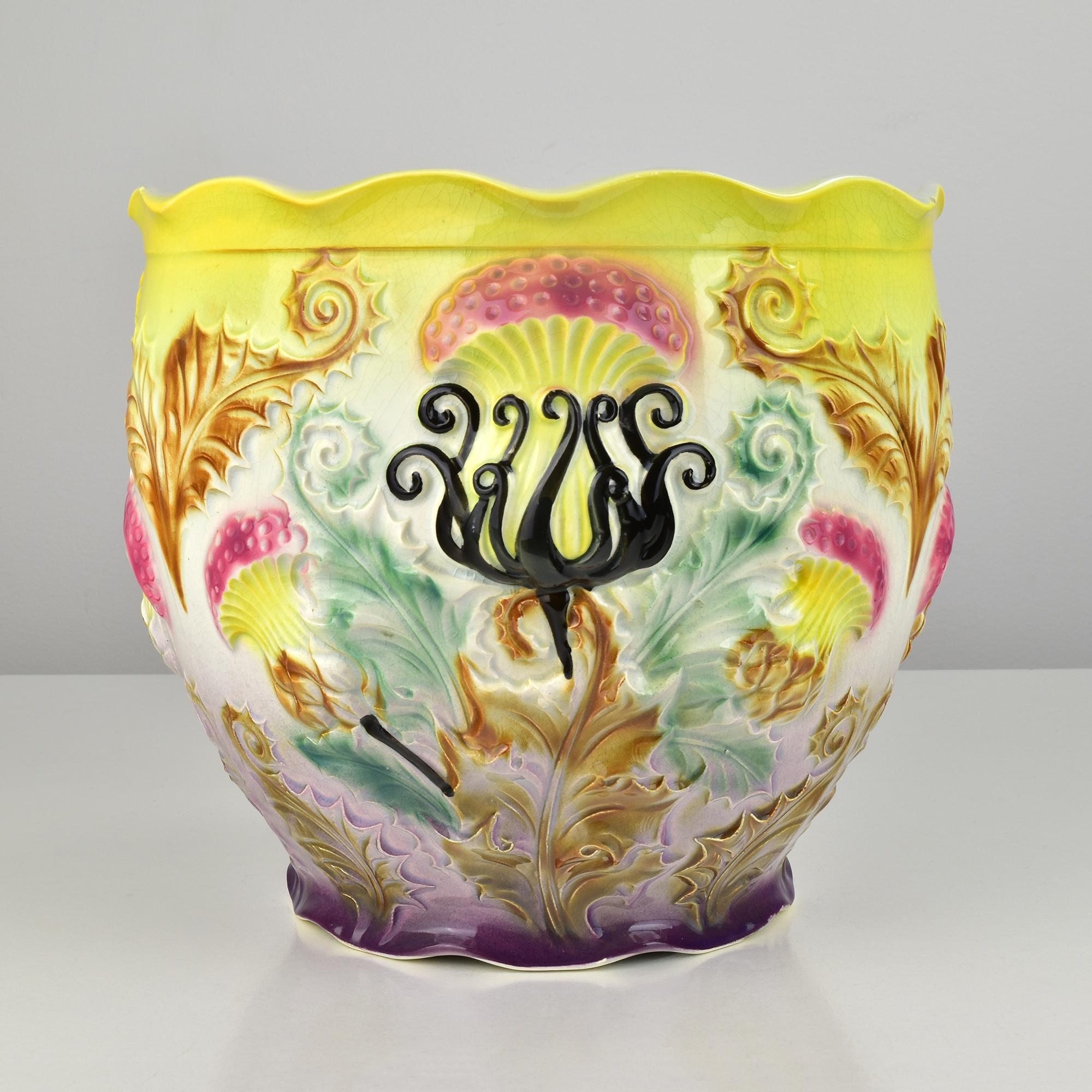 Early 20th Century Exceptional Art Nouveau Barbotine Majolica Jardiniere Flowerpot Thistle Motif For Sale