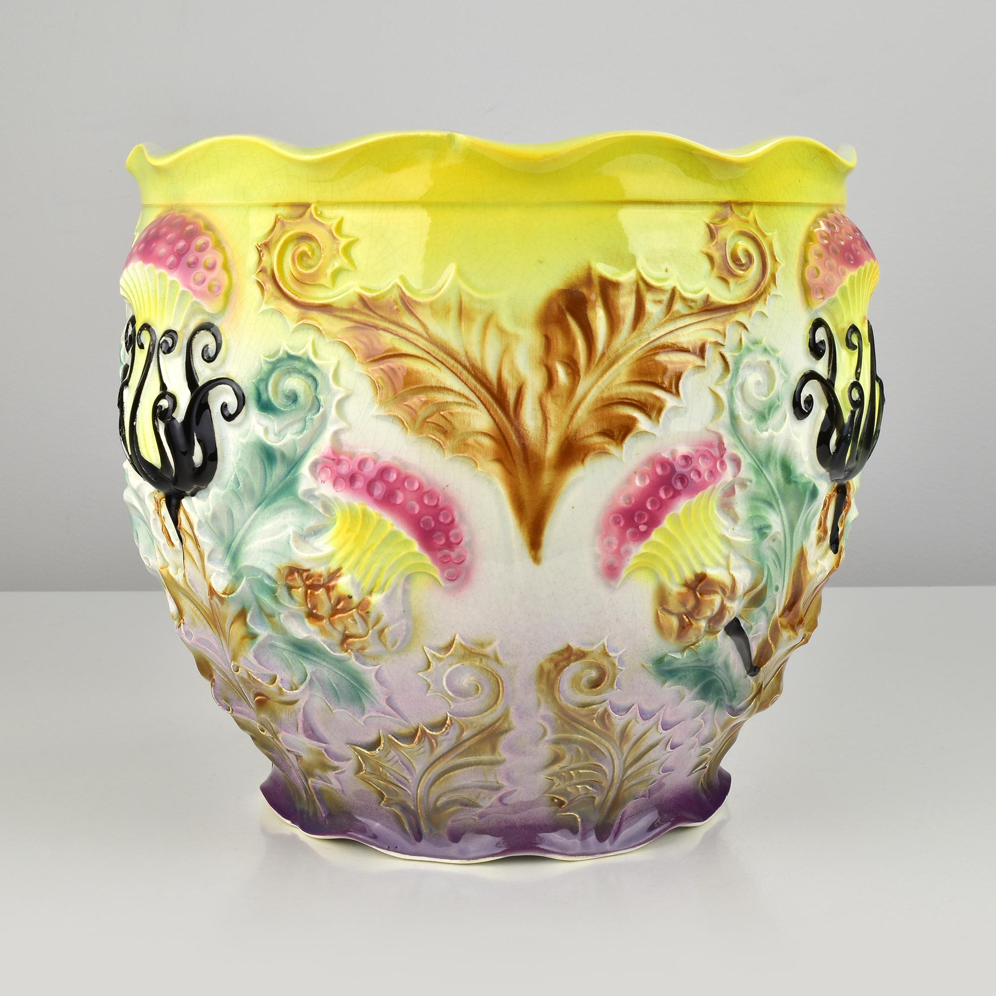 Ceramic Exceptional Art Nouveau Barbotine Majolica Jardiniere Flowerpot Thistle Motif For Sale