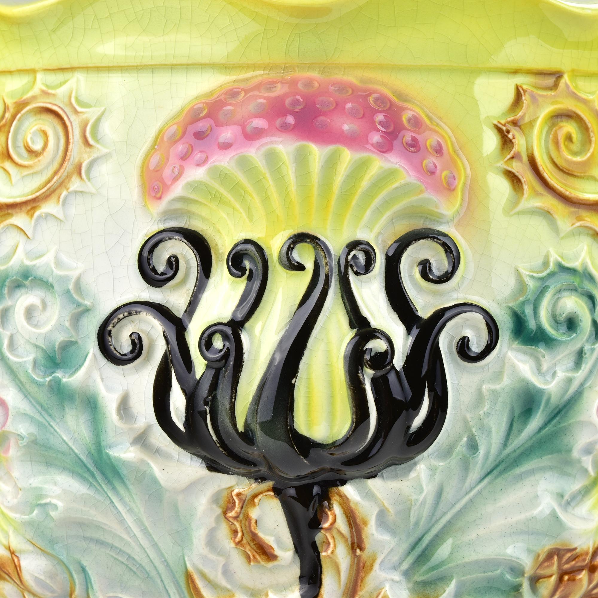 Exceptional Art Nouveau Barbotine Majolica Jardiniere Flowerpot Thistle Motif For Sale 1