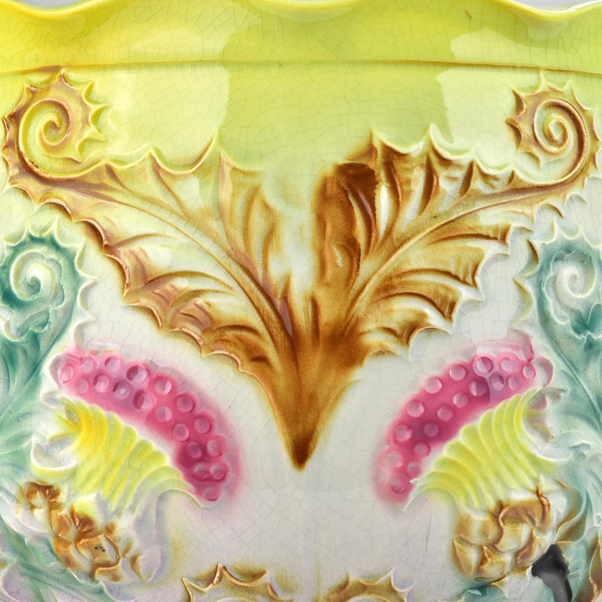 Exceptional Art Nouveau Barbotine Majolica Jardiniere Flowerpot Thistle Motif For Sale 2