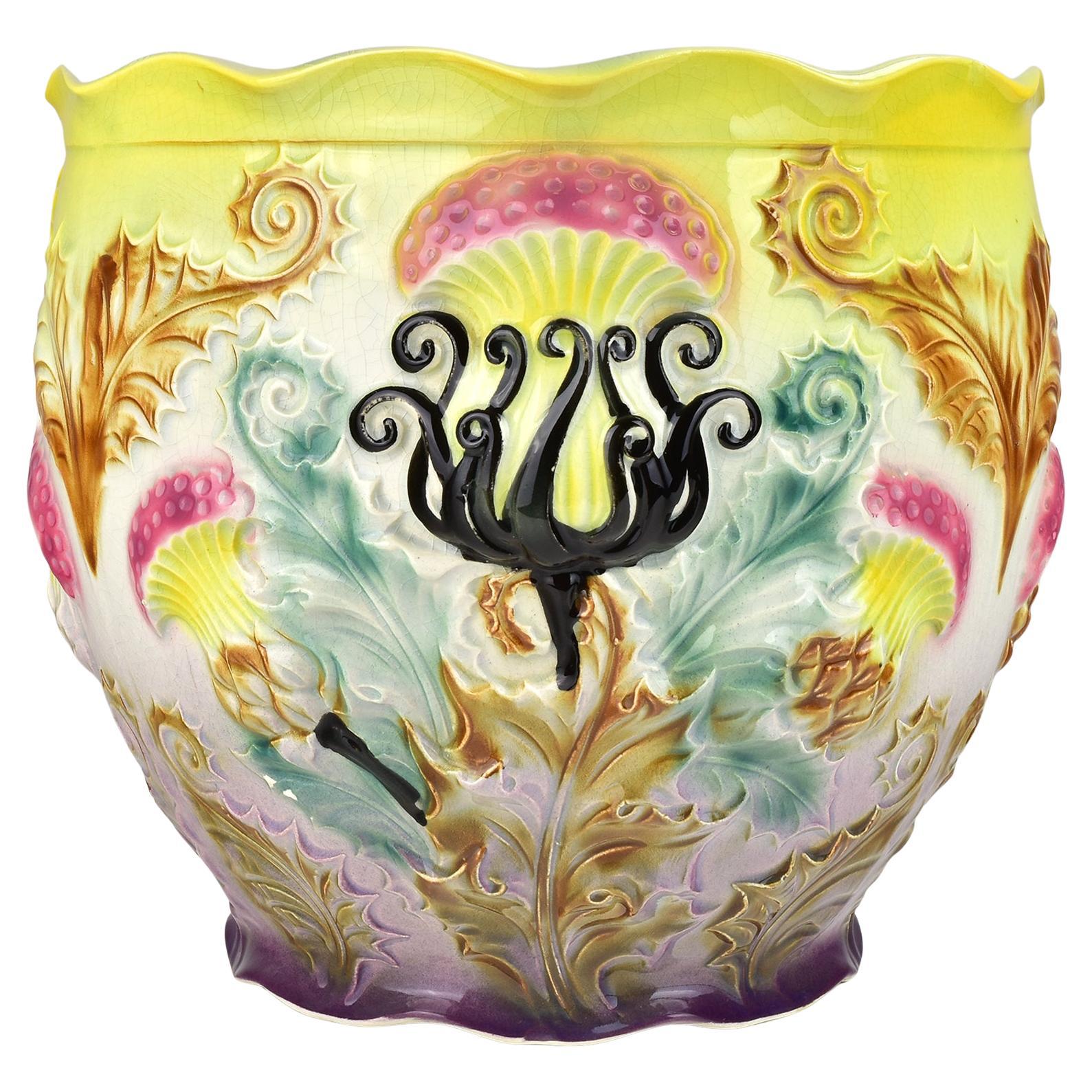 Exceptional Art Nouveau Barbotine Majolica Jardiniere Flowerpot Thistle Motif For Sale