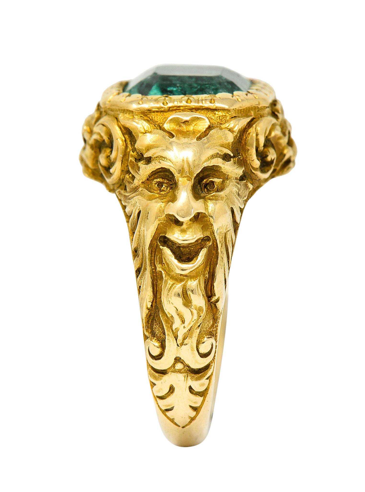 Exceptional Art Nouveau Emerald 18 Karat Gold Green Man Signet Ring 2