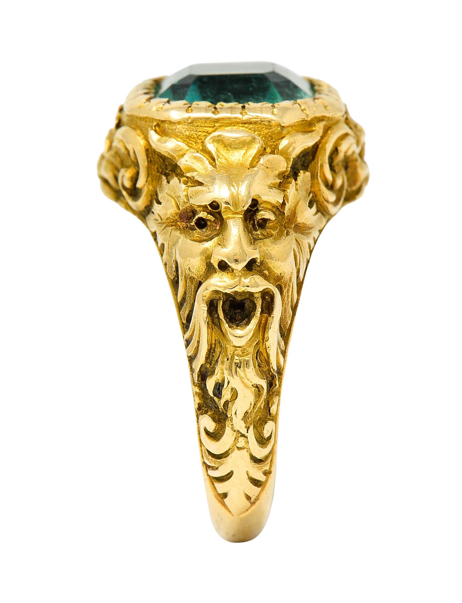 Exceptional Art Nouveau Emerald 18 Karat Gold Green Man Signet Ring 3