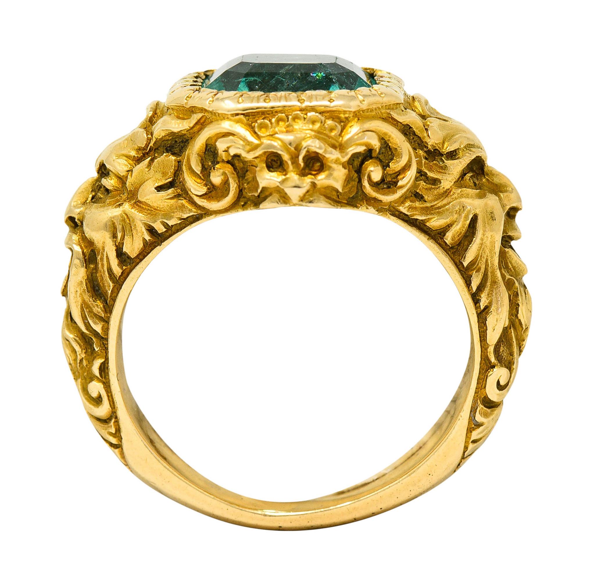 Exceptional Art Nouveau Emerald 18 Karat Gold Green Man Signet Ring 4