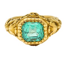 Exceptional Art Nouveau Emerald 18 Karat Gold Green Man Signet Ring